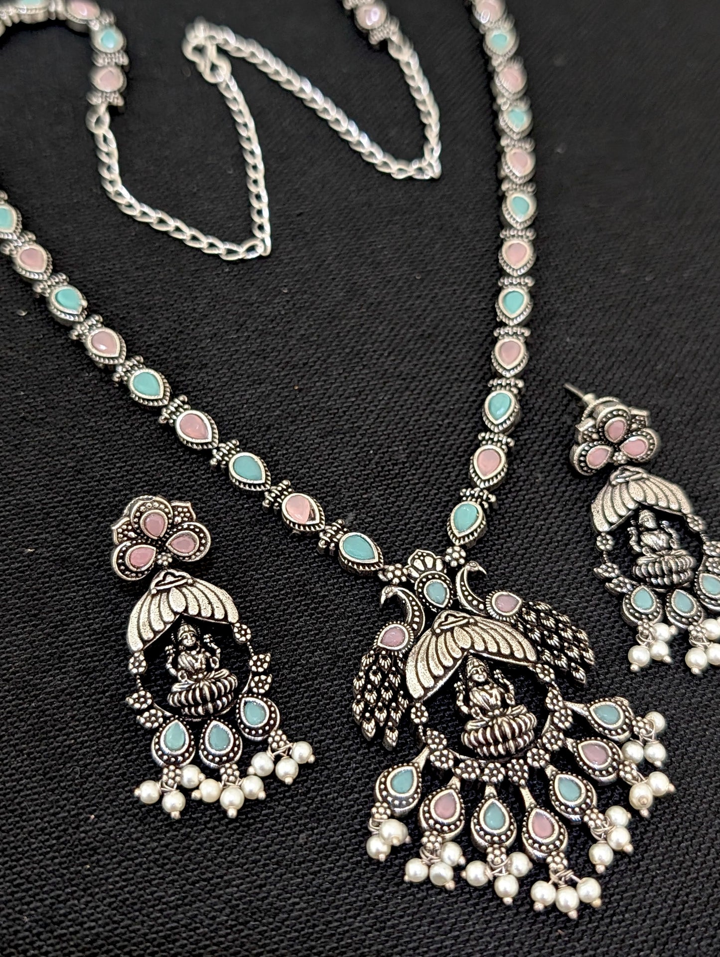 Oxidized Silver Goddess Lakshmi design Haram and earrings set - Simpliful