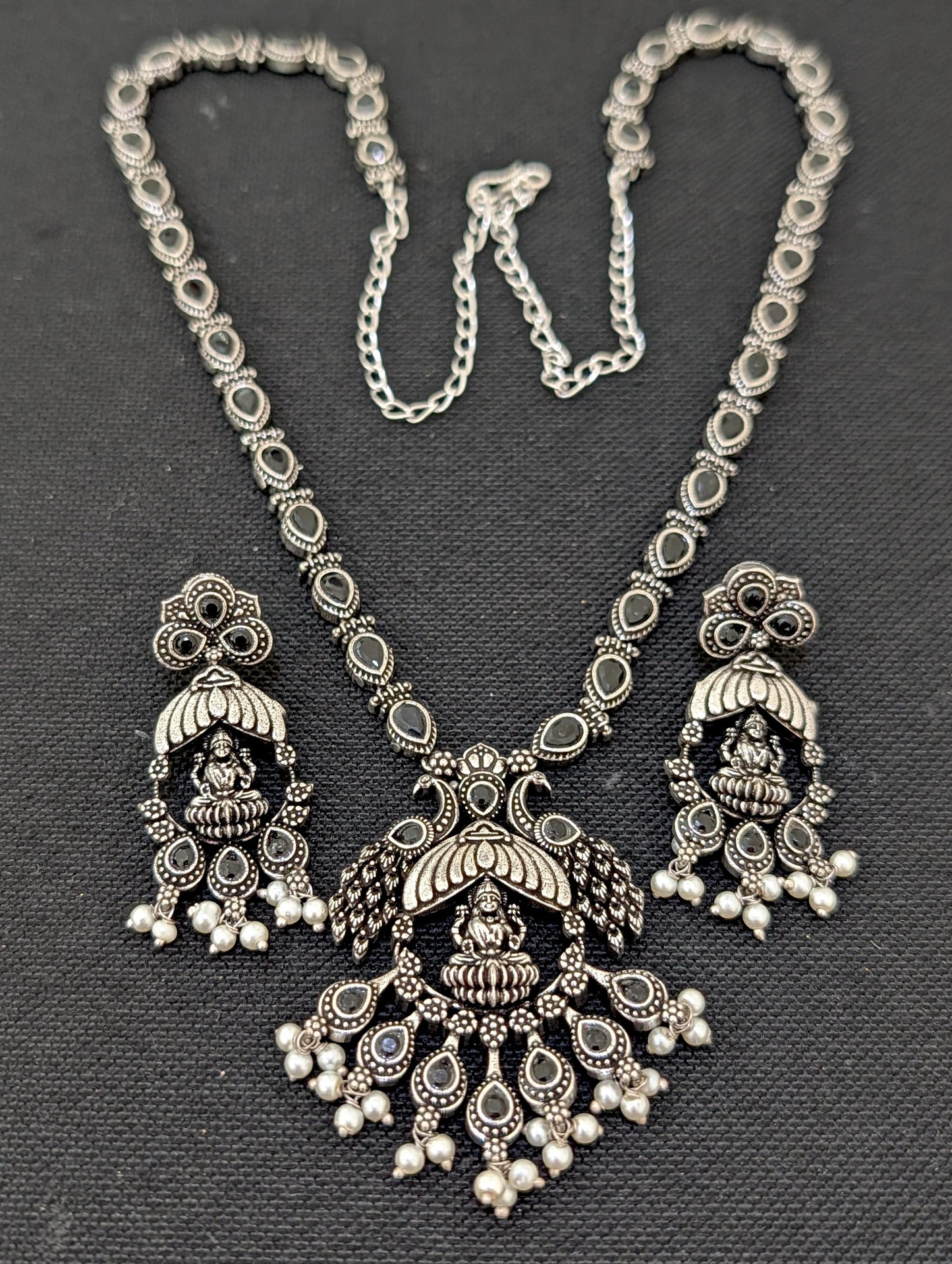 Oxidized Silver Goddess Lakshmi design Haram and earrings set - Simpliful