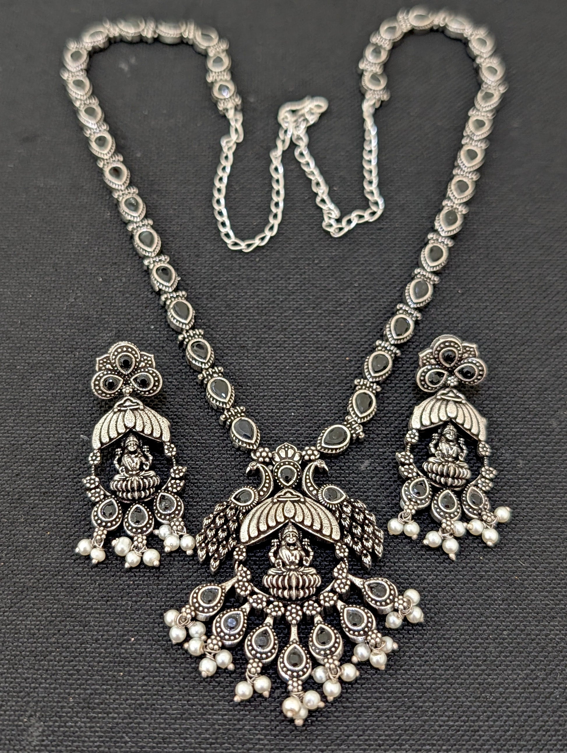 Oxidized Silver Goddess Lakshmi design Haram and earrings set - Simpliful
