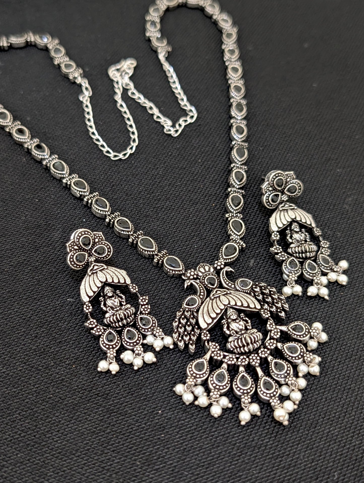 Oxidized Silver Goddess Lakshmi design Haram and earrings set - Simpliful