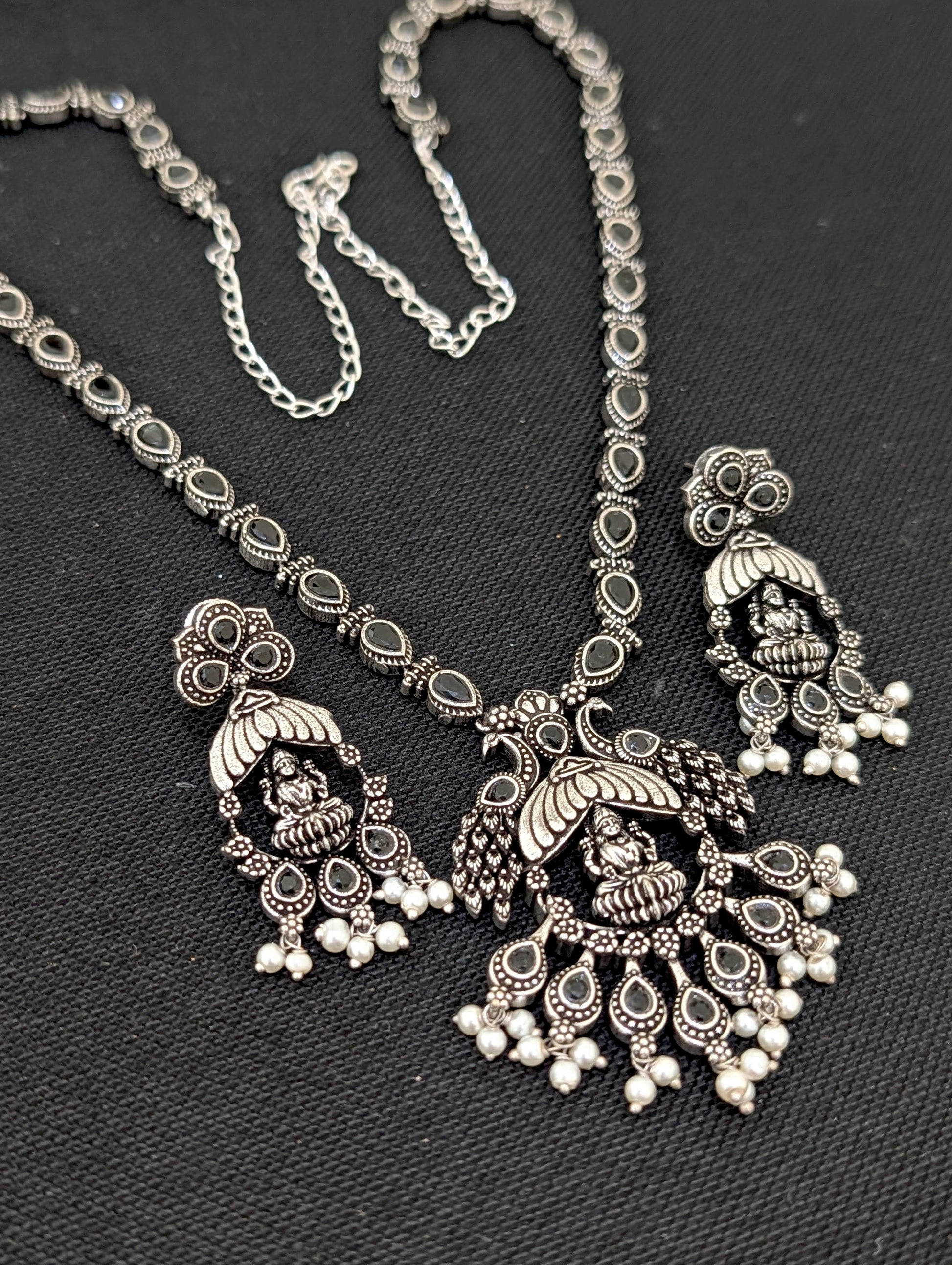 Oxidized Silver Goddess Lakshmi design Haram and earrings set - Simpliful