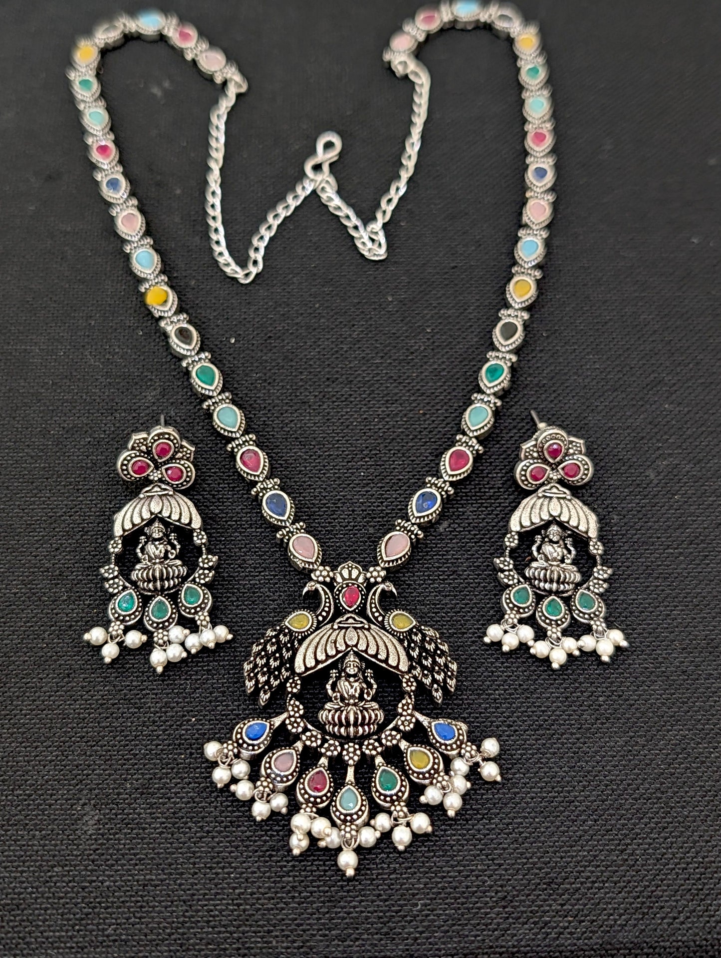 Oxidized Silver Goddess Lakshmi design Haram and earrings set - Simpliful