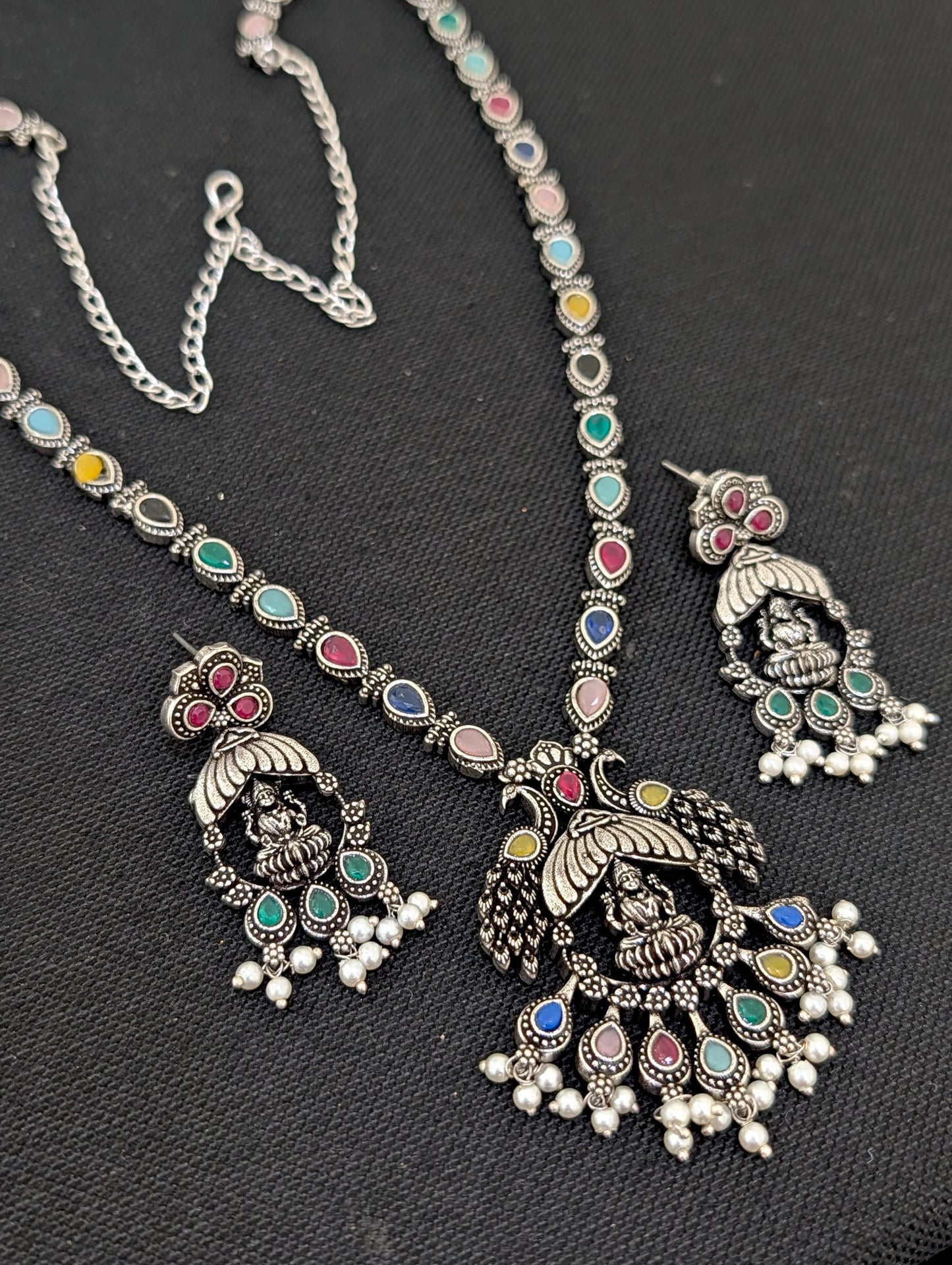 Oxidized Silver Goddess Lakshmi design Haram and earrings set - Simpliful