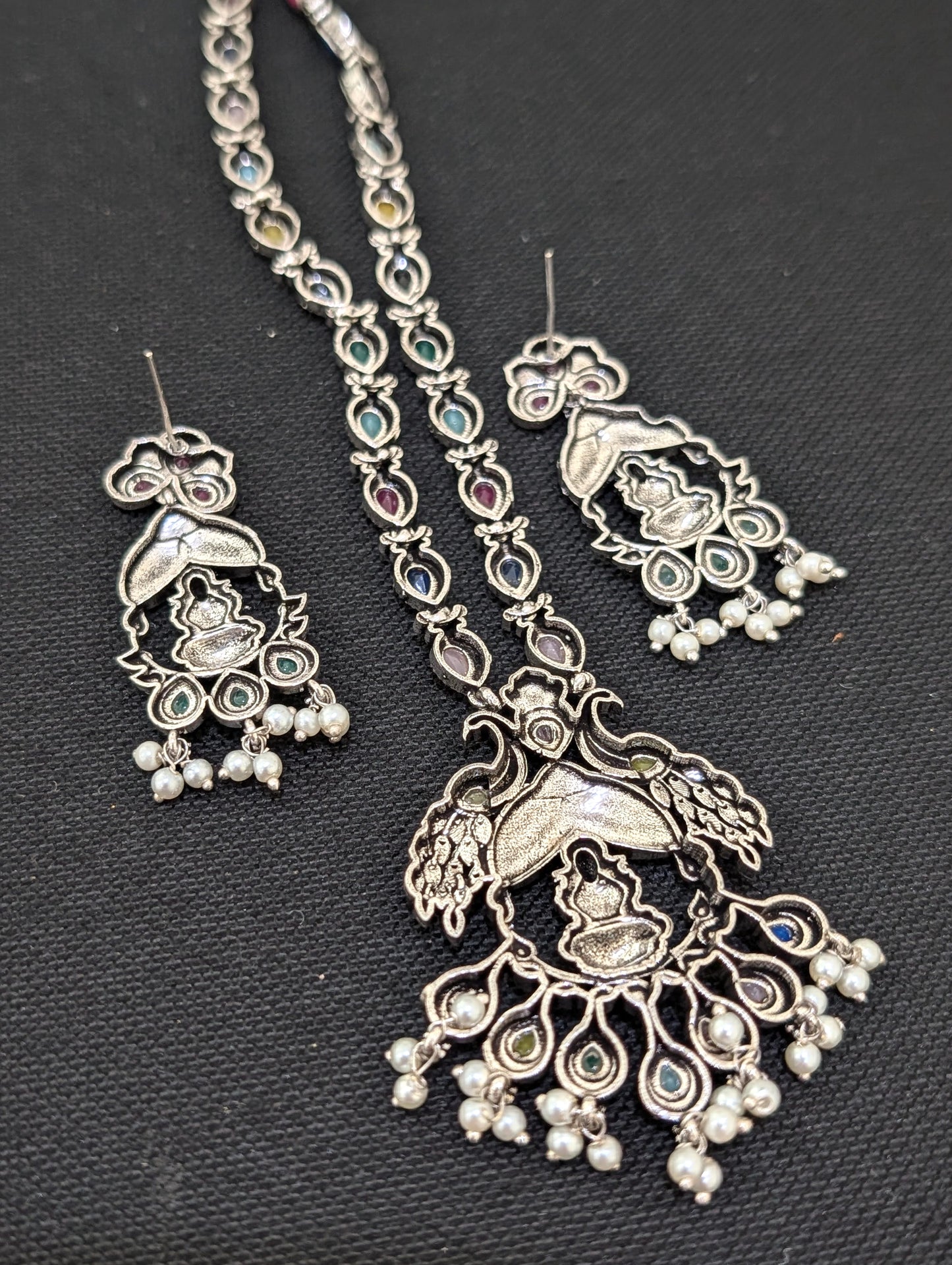 Oxidized Silver Goddess Lakshmi design Haram and earrings set - Simpliful