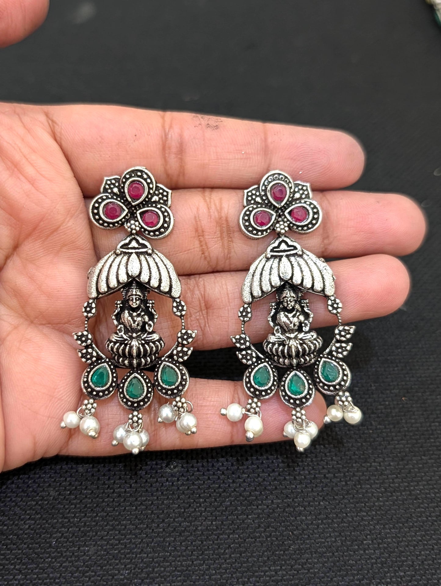Oxidized Silver Goddess Lakshmi design Haram and earrings set - Simpliful