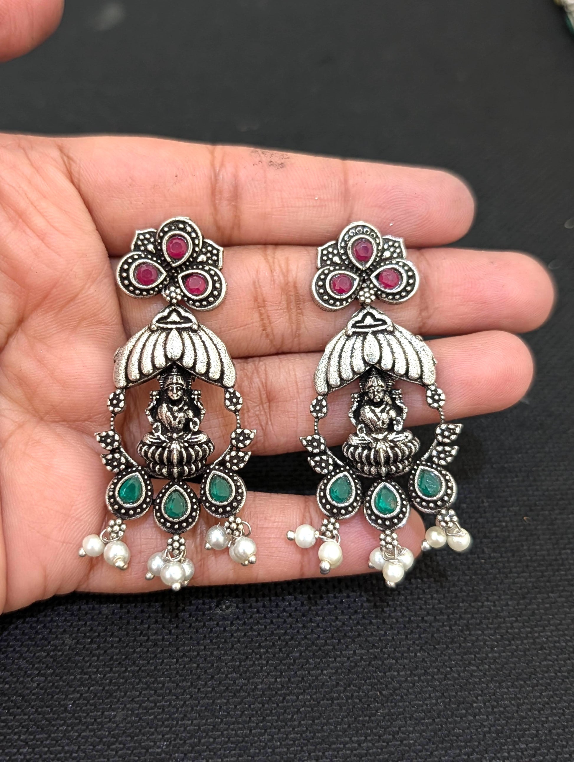 Oxidized Silver Goddess Lakshmi design Haram and earrings set - Simpliful