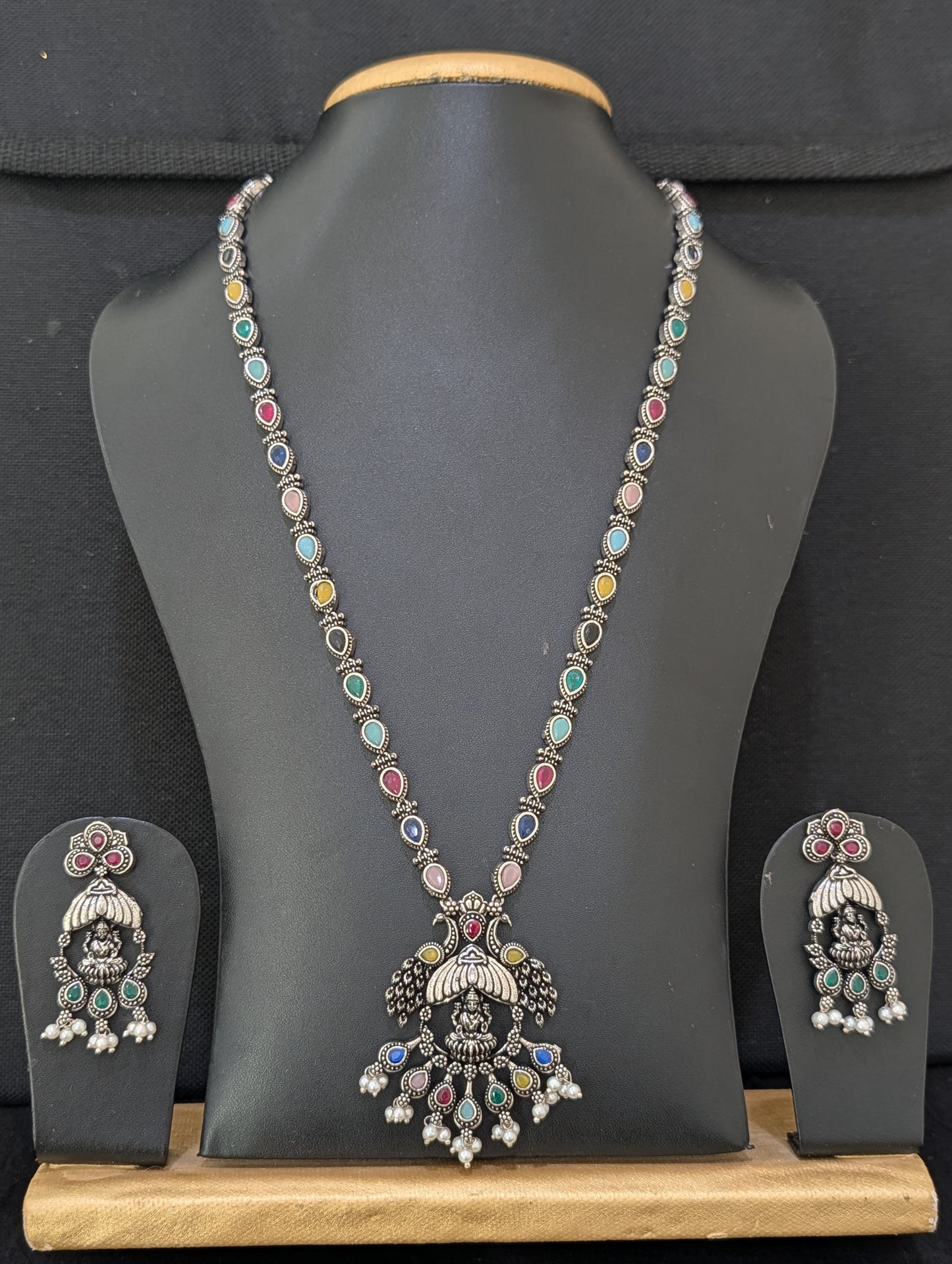 Oxidized Silver Goddess Lakshmi design Haram and earrings set - Simpliful