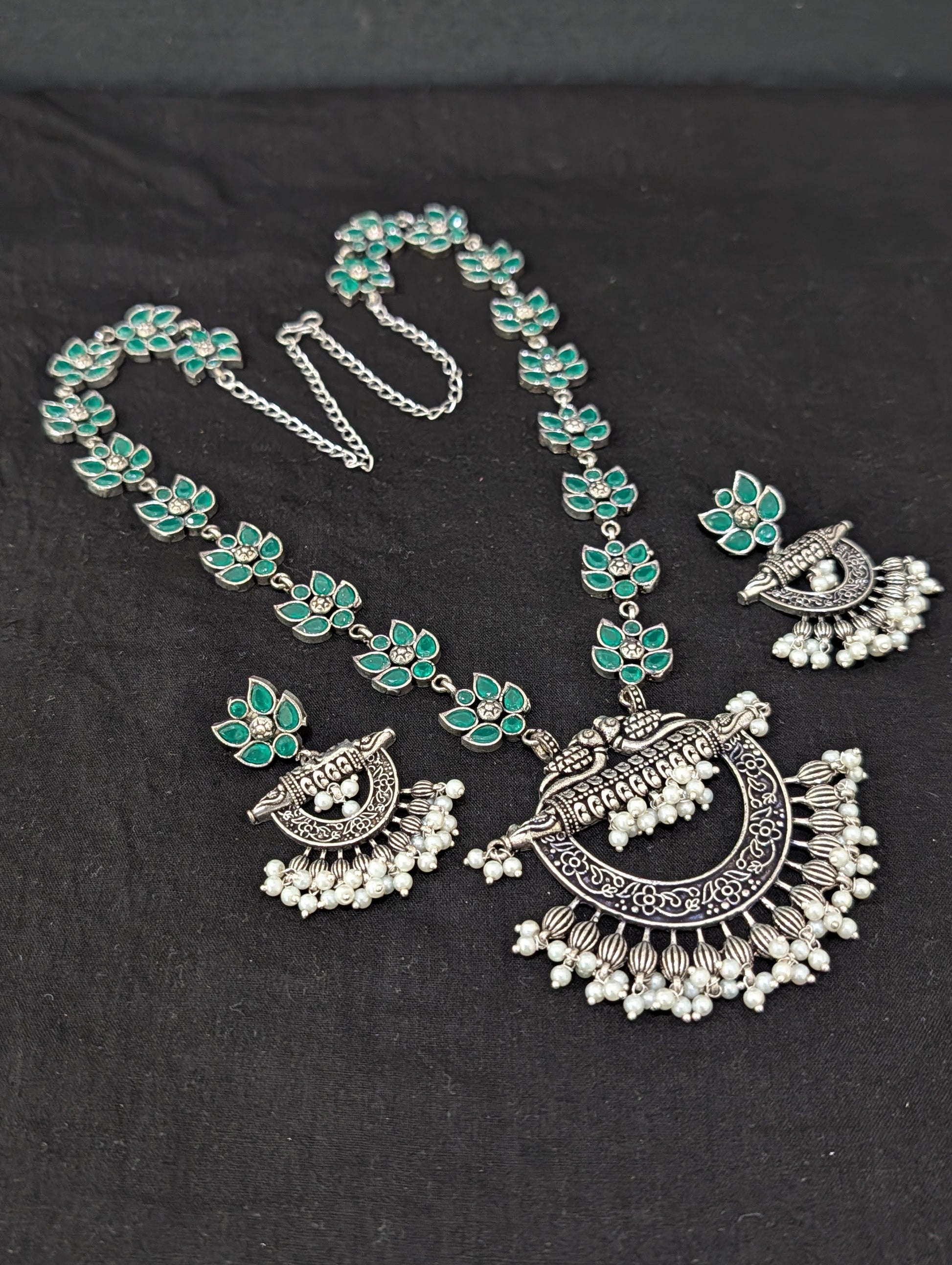Oxidized Silver Chandbali design Haram and earrings set - Simpliful