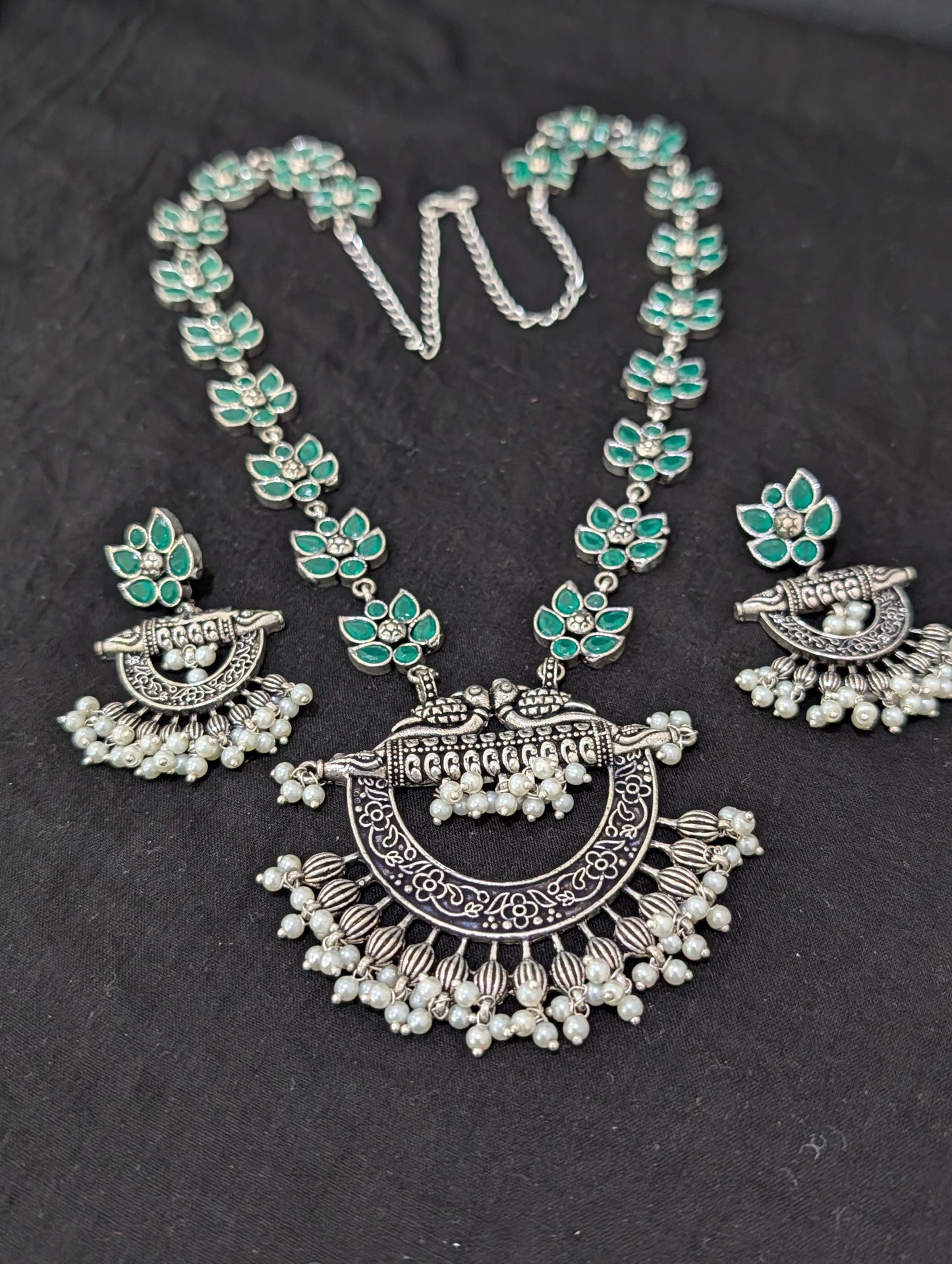 Oxidized Silver Chandbali design Haram and earrings set - Simpliful