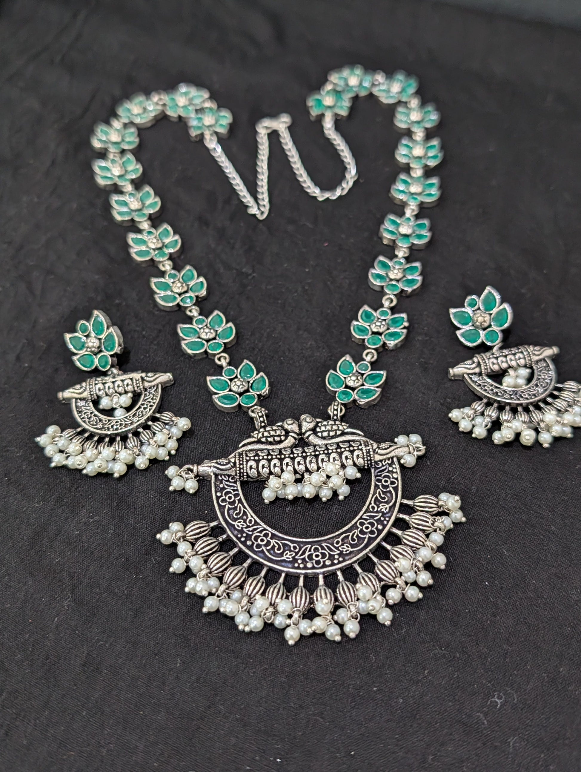 Oxidized Silver Chandbali design Haram and earrings set - Simpliful