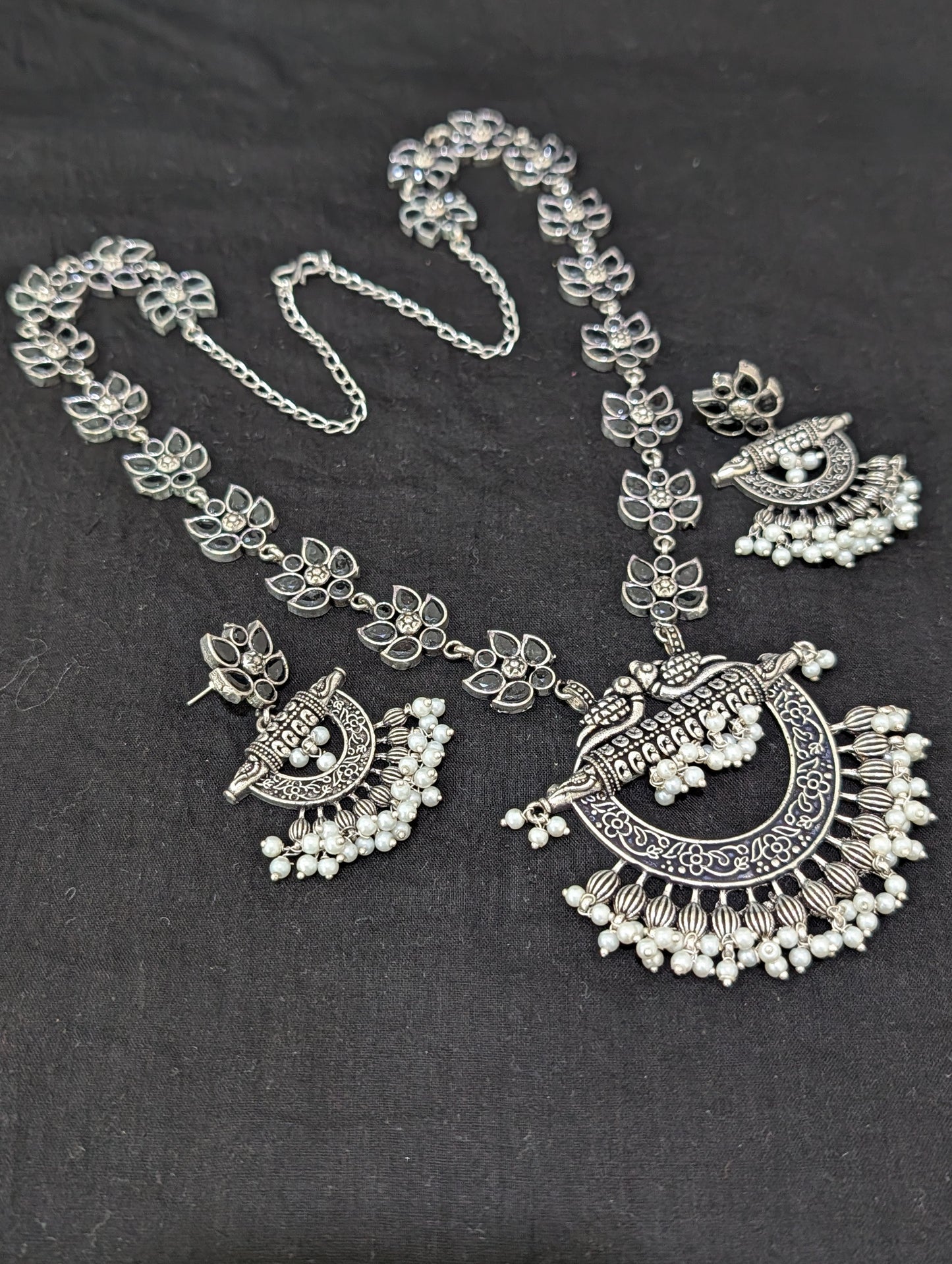Oxidized Silver Chandbali design Haram and earrings set - Simpliful