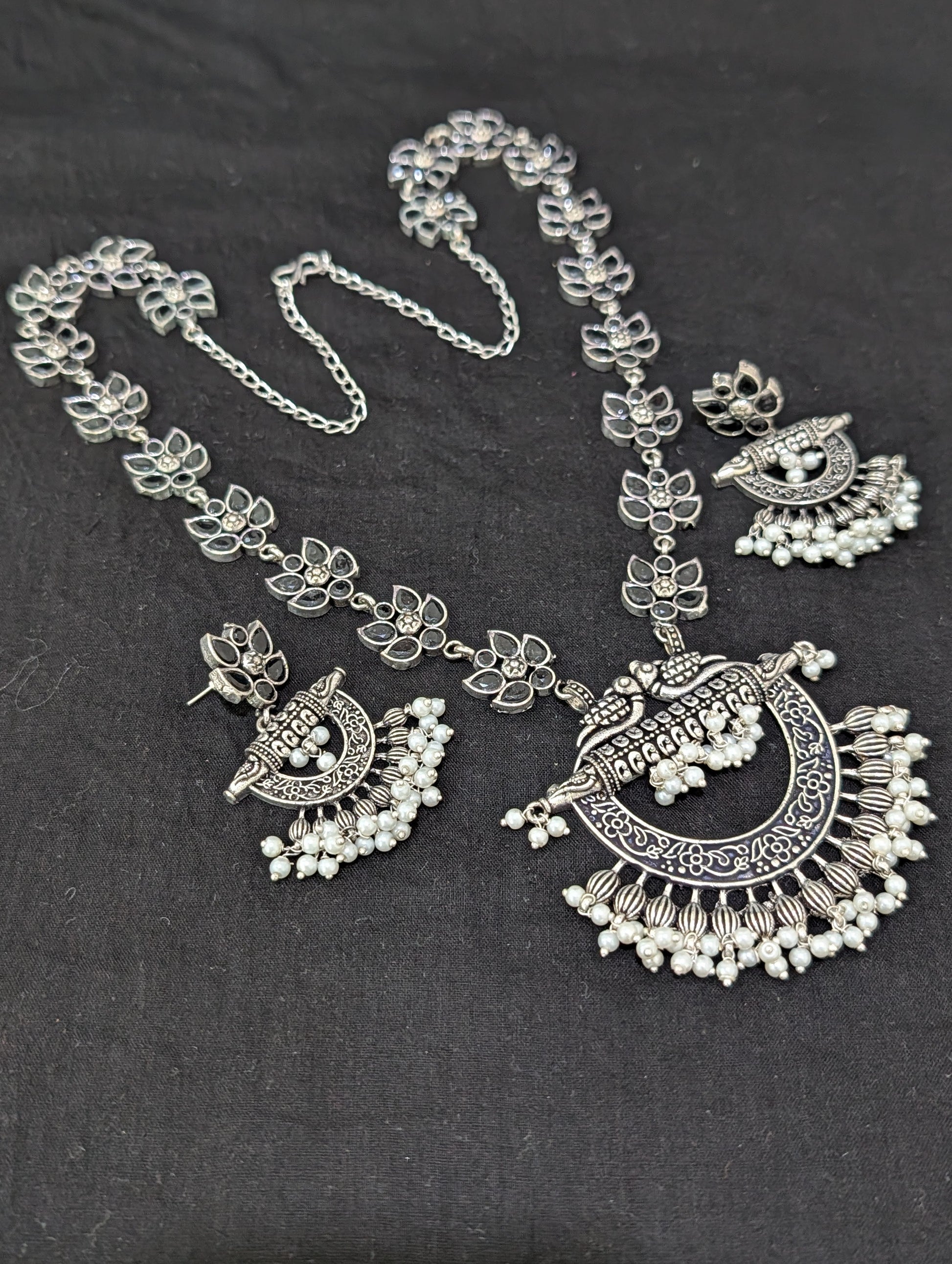 Oxidized Silver Chandbali design Haram and earrings set - Simpliful