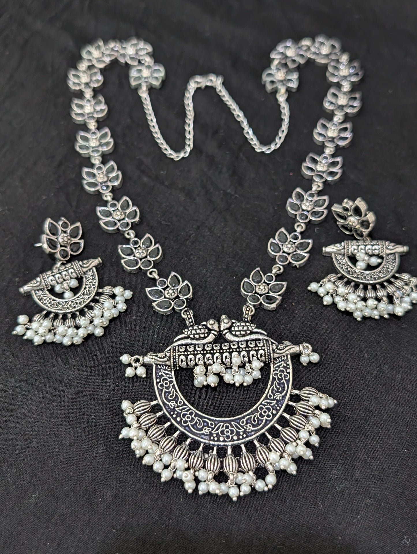 Oxidized Silver Chandbali design Haram and earrings set - Simpliful