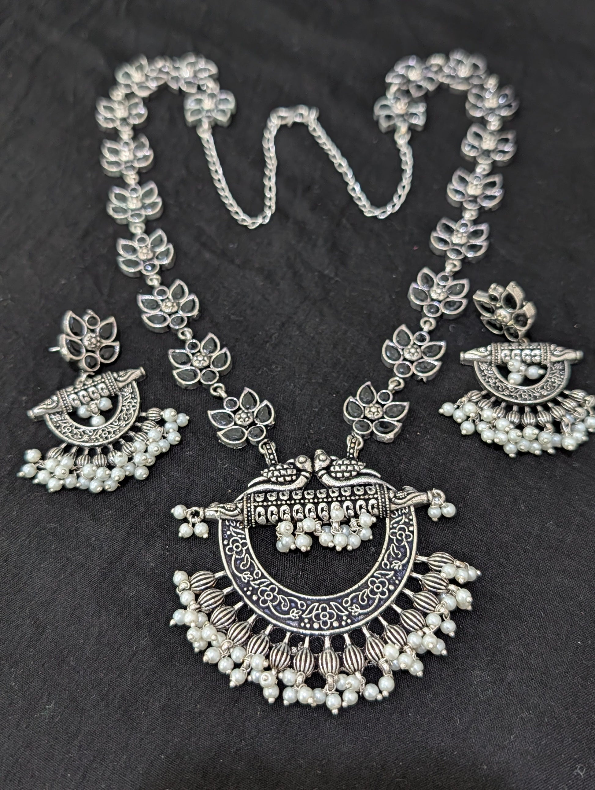 Oxidized Silver Chandbali design Haram and earrings set - Simpliful