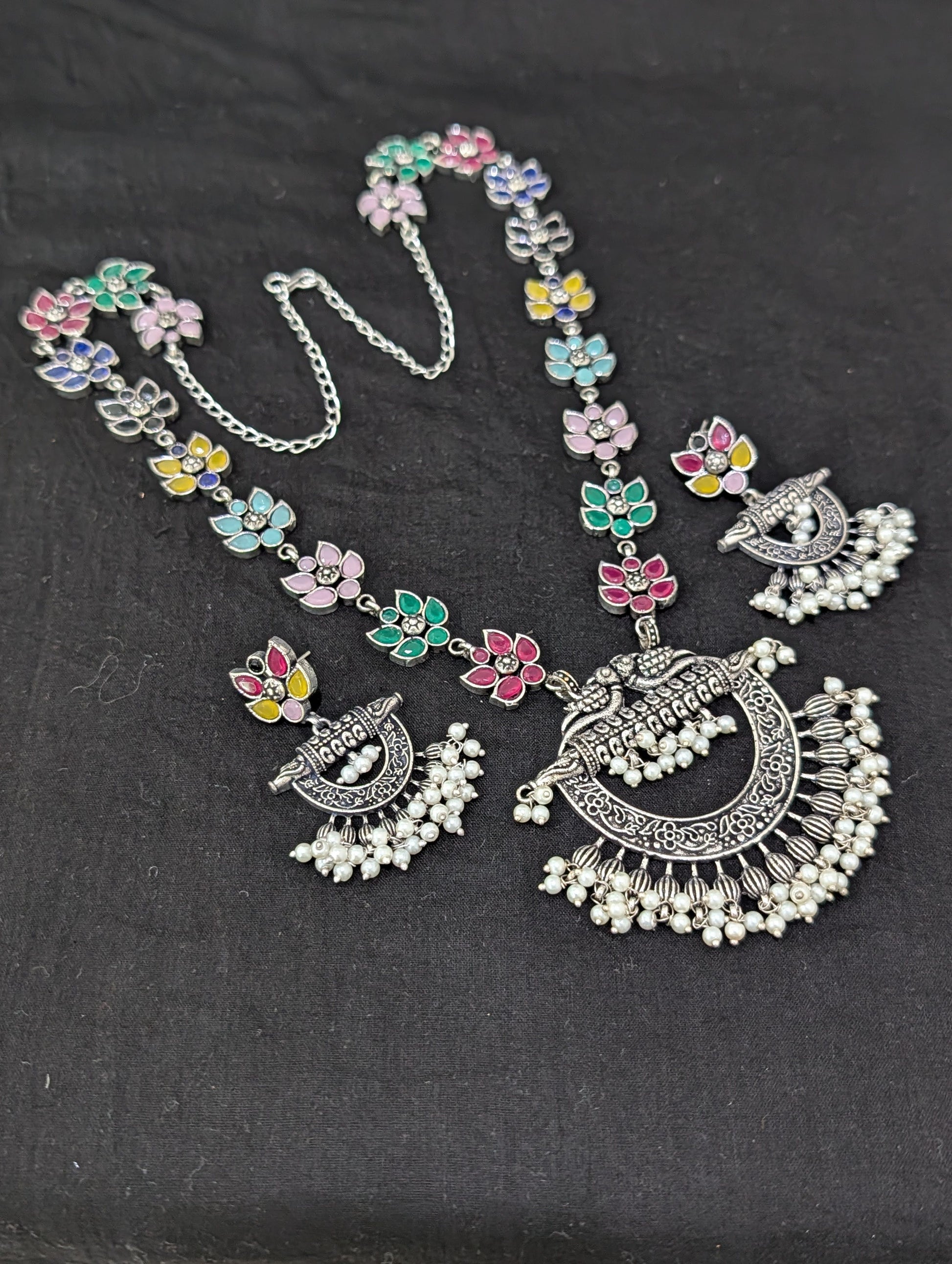Oxidized Silver Chandbali design Haram and earrings set - Simpliful