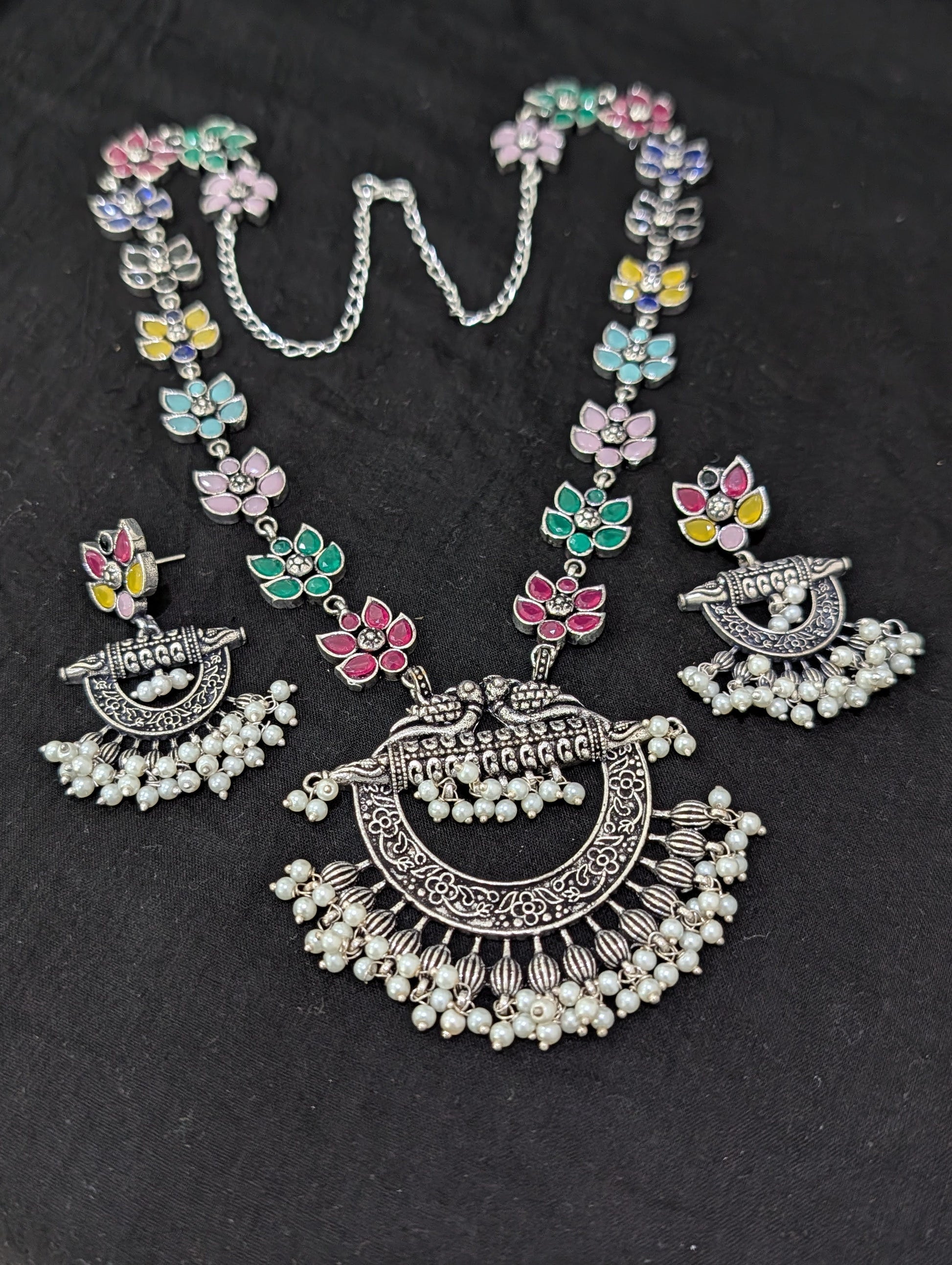 Oxidized Silver Chandbali design Haram and earrings set - Simpliful