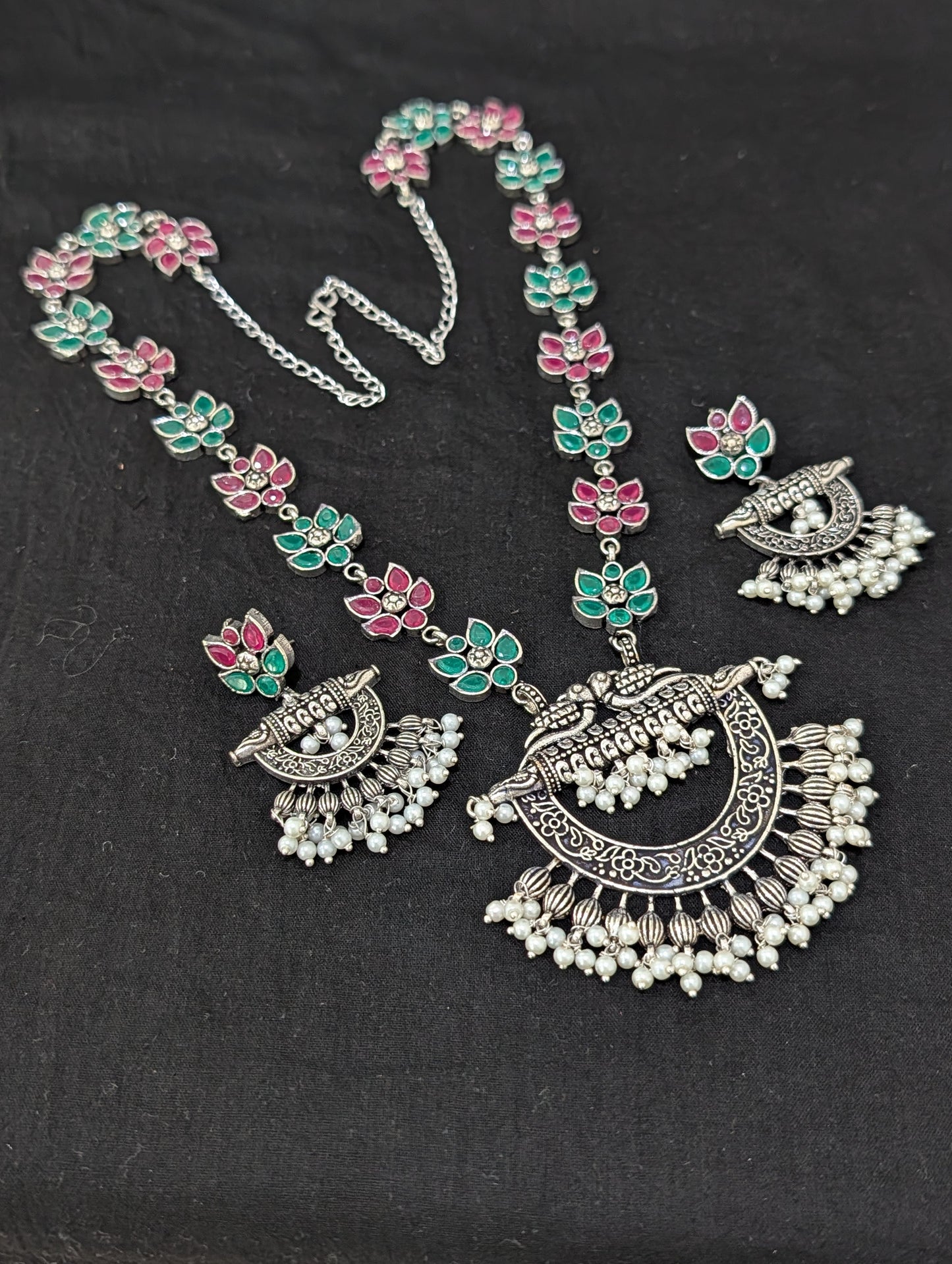 Oxidized Silver Chandbali design Haram and earrings set - Simpliful