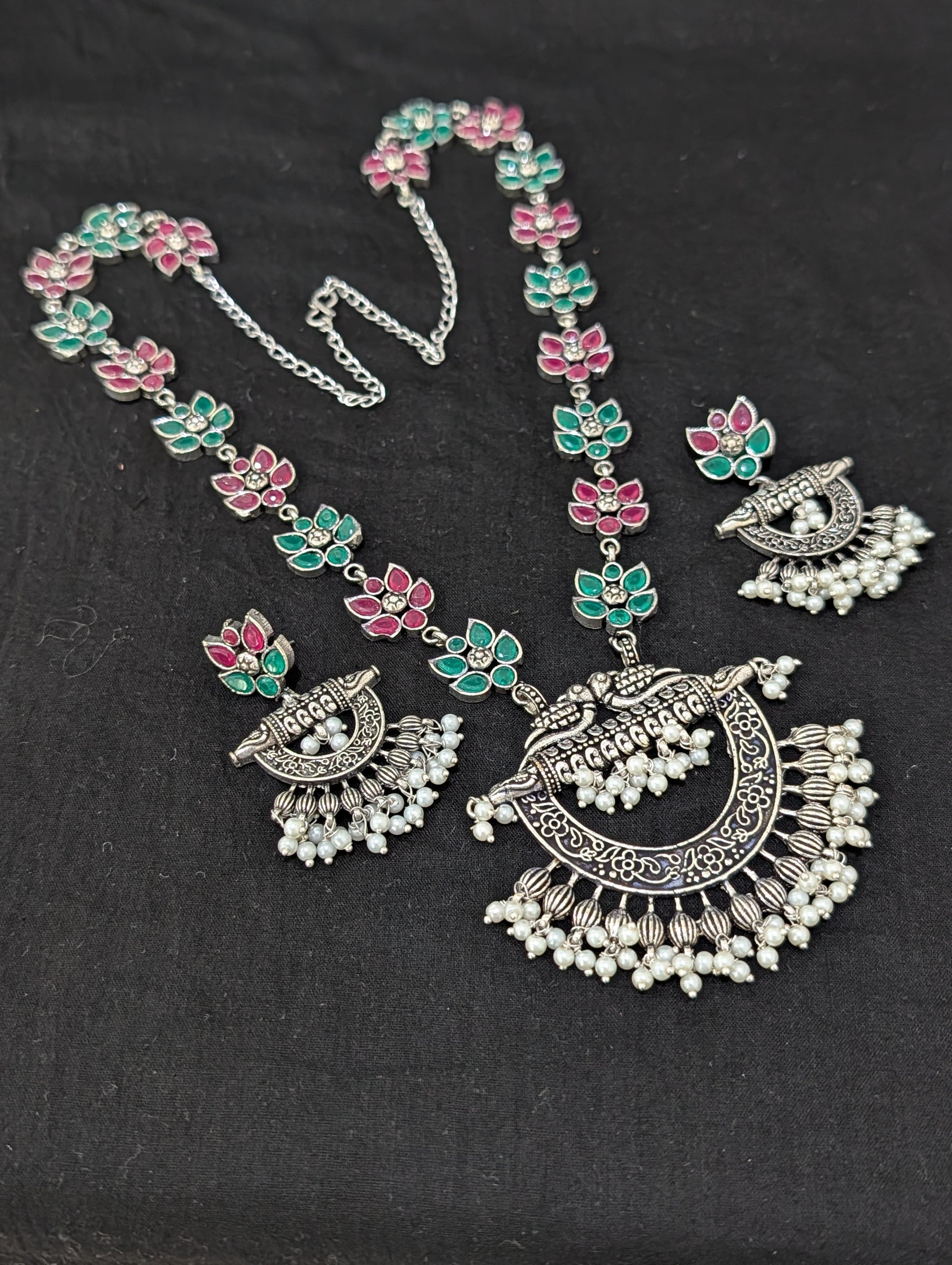 Oxidized Silver Chandbali design Haram and earrings set - Simpliful