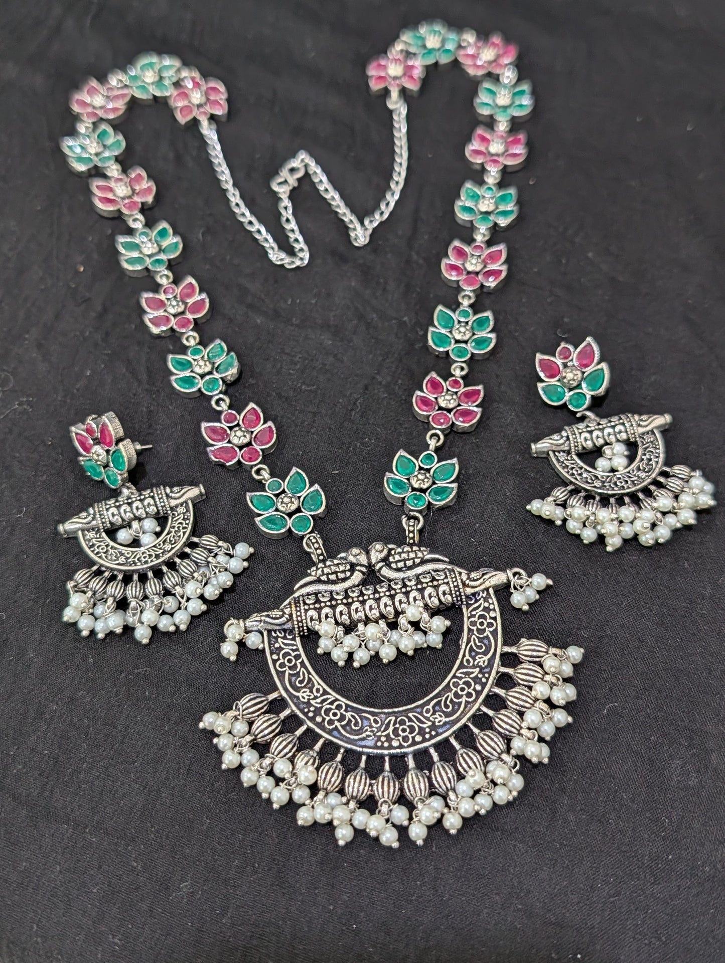 Oxidized Silver Chandbali design Haram and earrings set - Simpliful