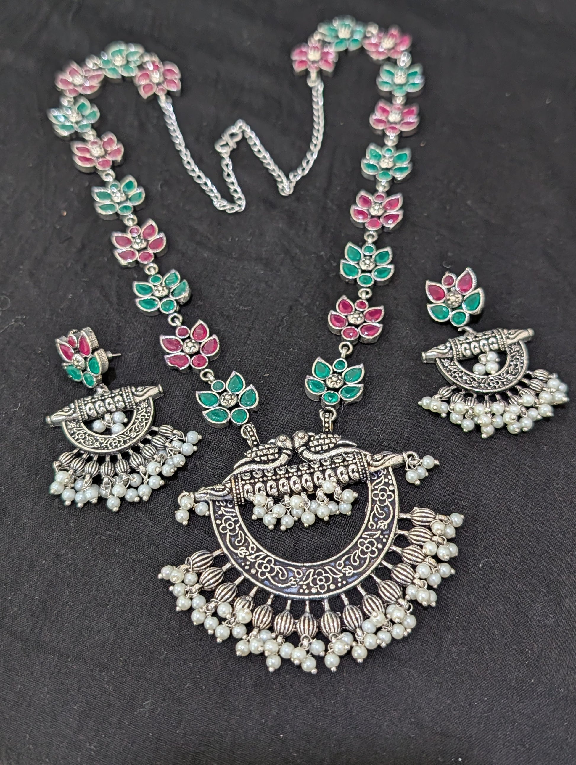Oxidized Silver Chandbali design Haram and earrings set - Simpliful