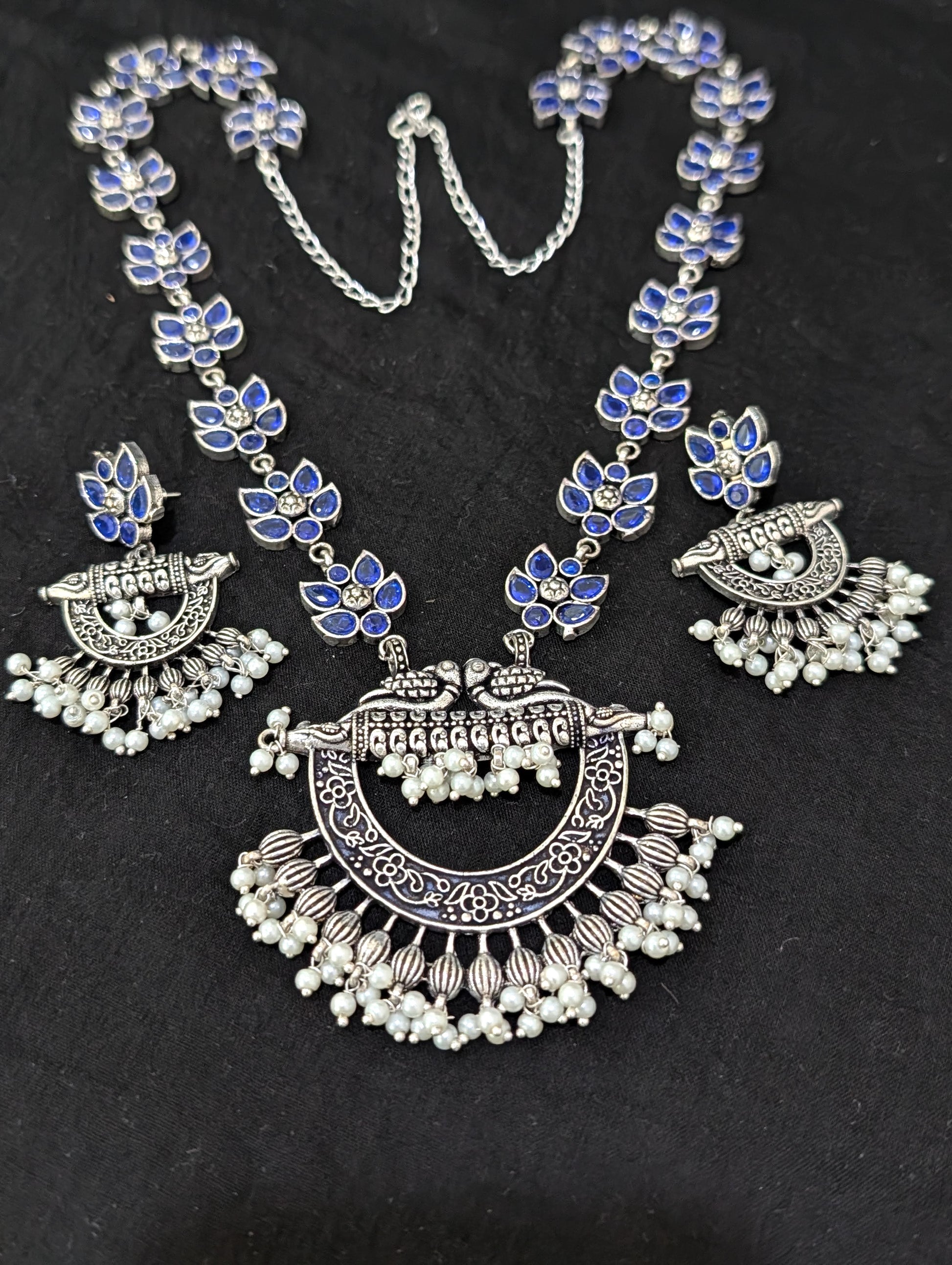 Oxidized Silver Chandbali design Haram and earrings set - Simpliful