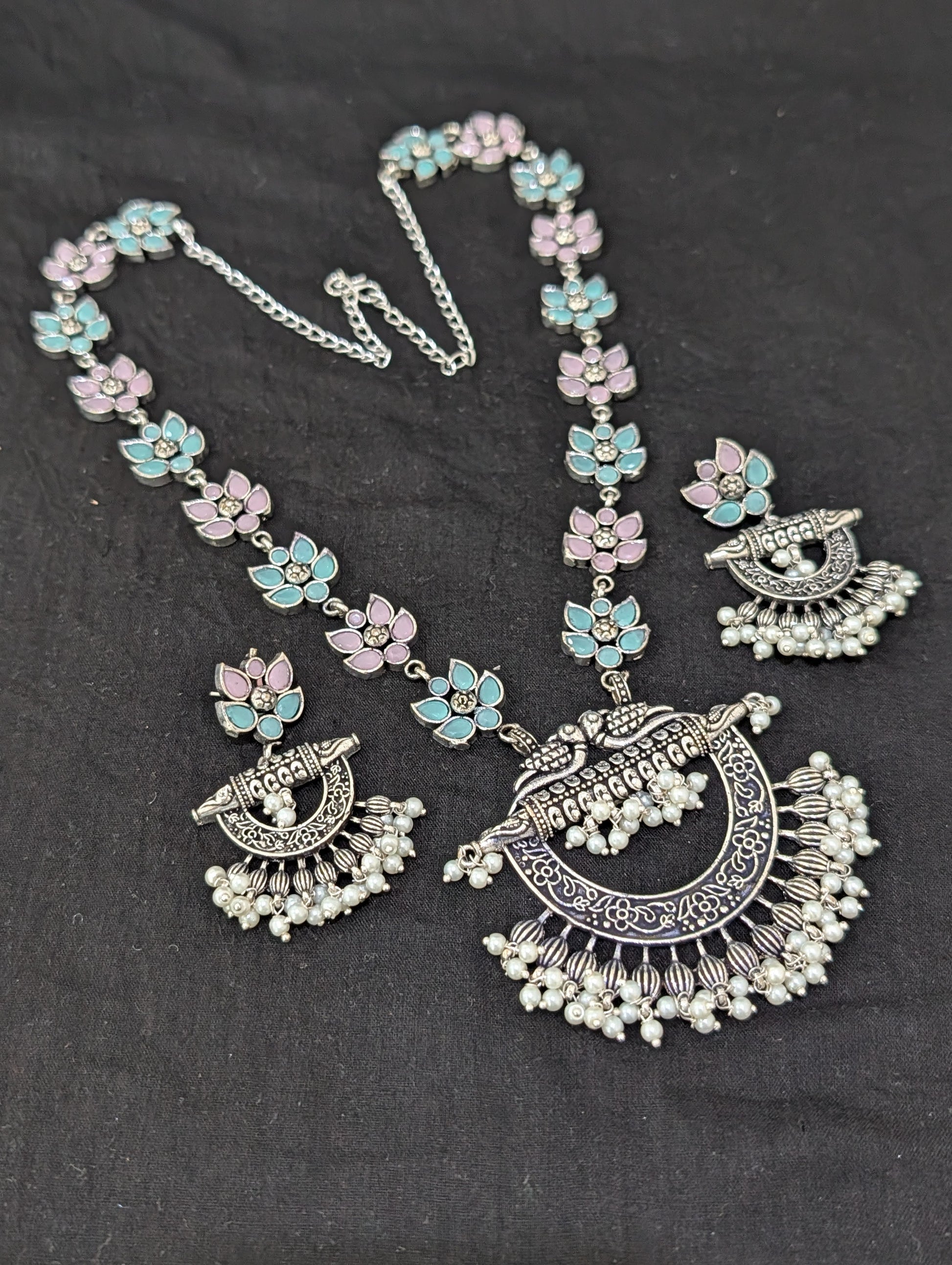 Oxidized Silver Chandbali design Haram and earrings set - Simpliful