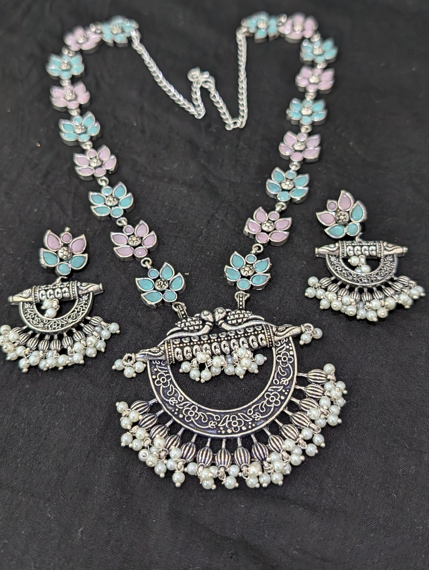 Oxidized Silver Chandbali design Haram and earrings set - Simpliful