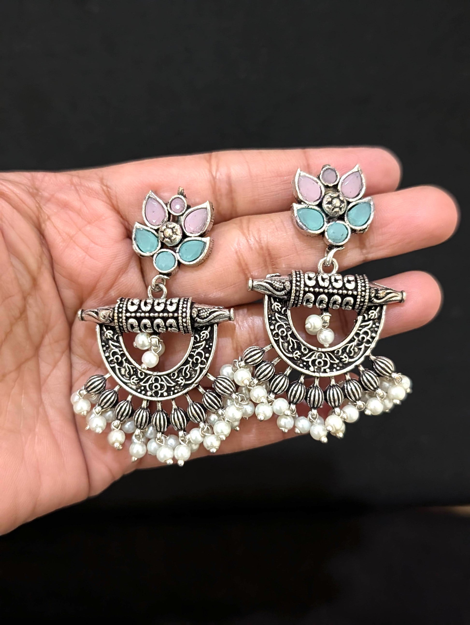 Oxidized Silver Chandbali design Haram and earrings set - Simpliful