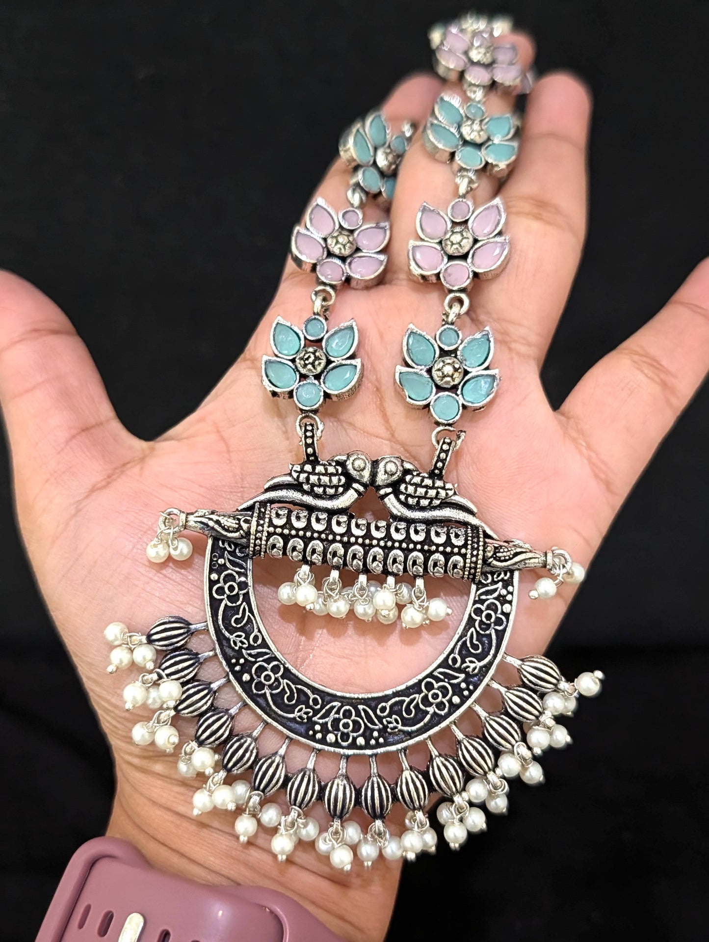 Oxidized Silver Chandbali design Haram and earrings set - Simpliful