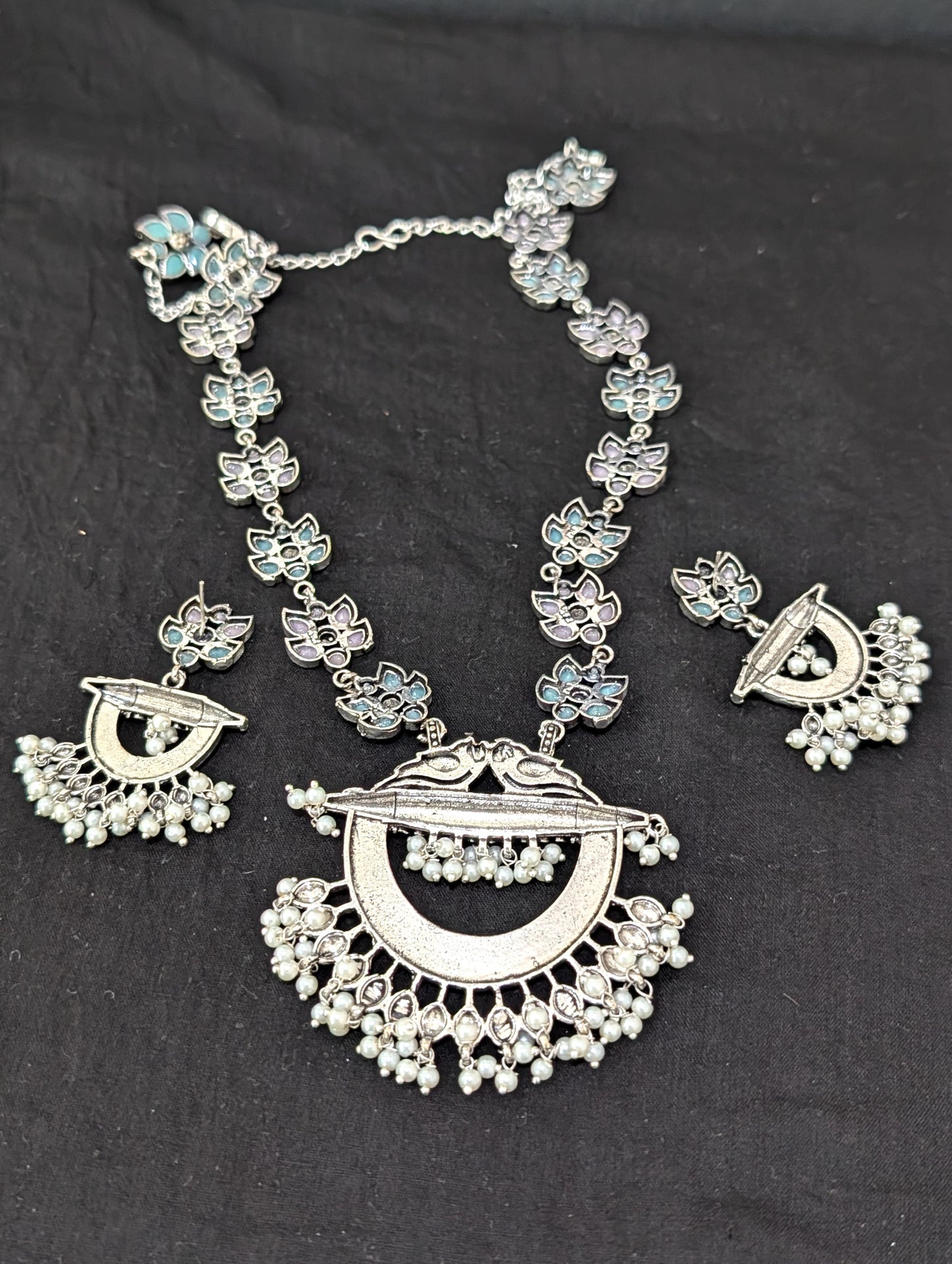 Oxidized Silver Chandbali design Haram and earrings set - Simpliful