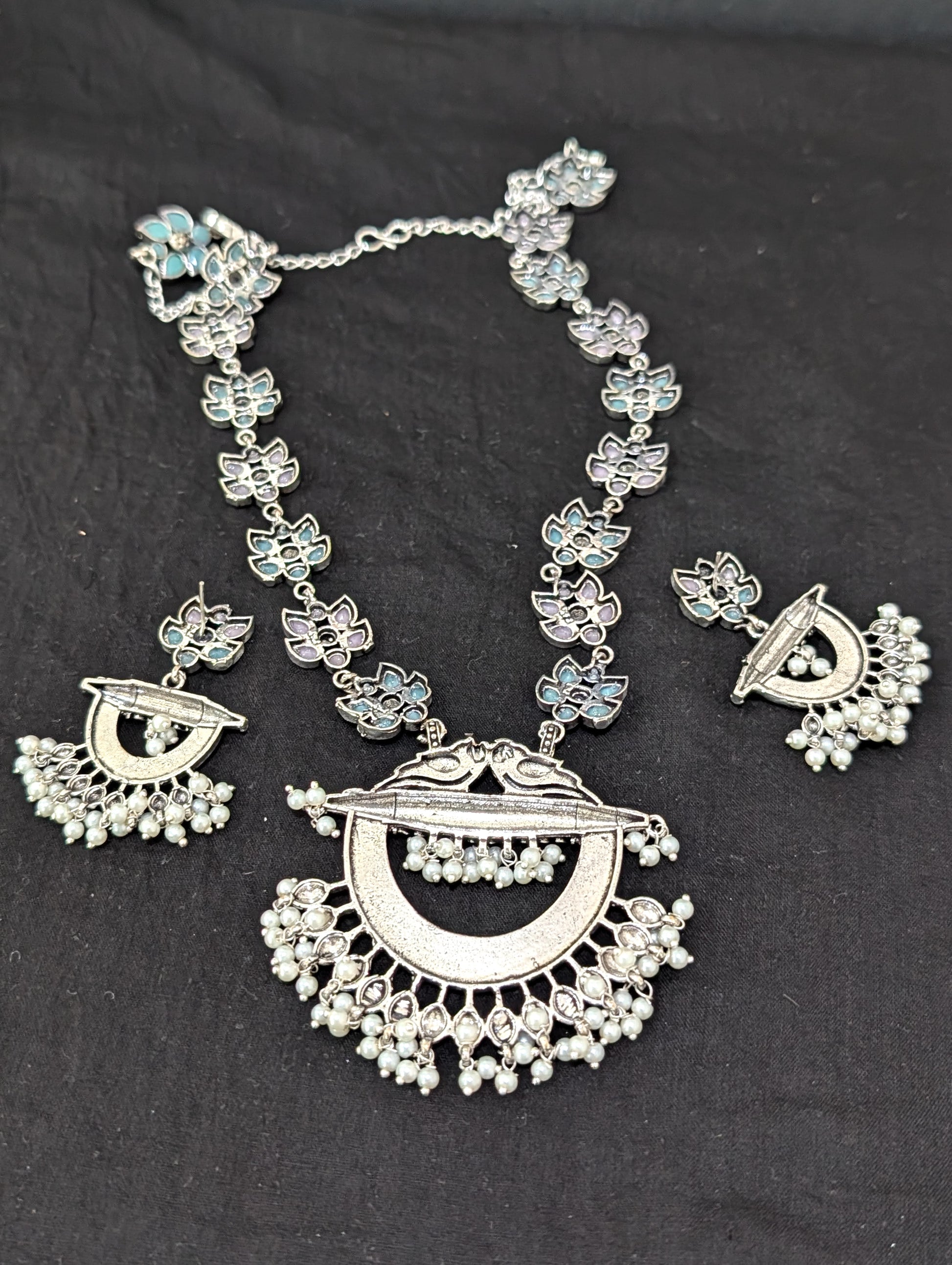 Oxidized Silver Chandbali design Haram and earrings set - Simpliful