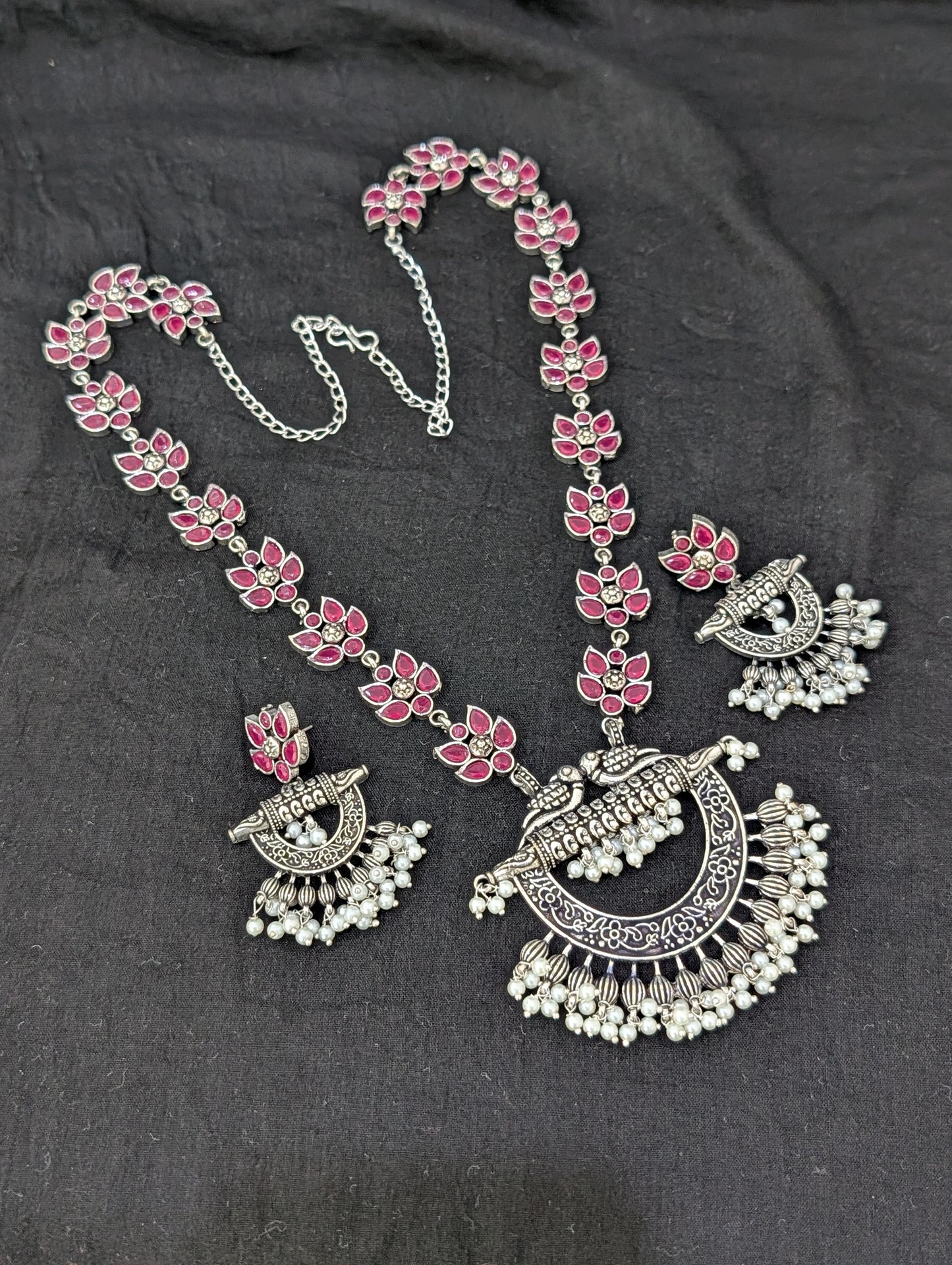 Oxidized Silver Chandbali design Haram and earrings set - Simpliful