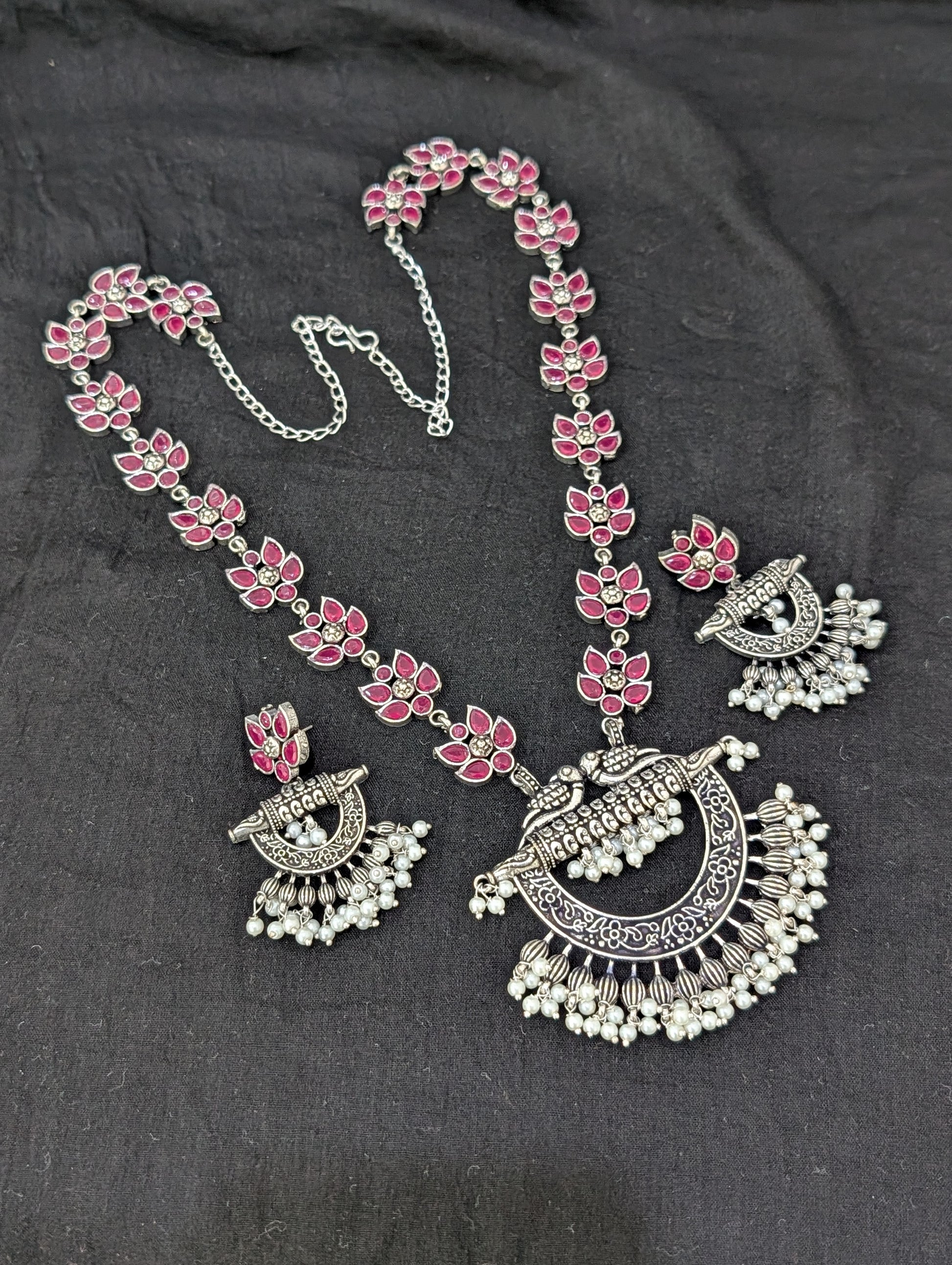 Oxidized Silver Chandbali design Haram and earrings set - Simpliful