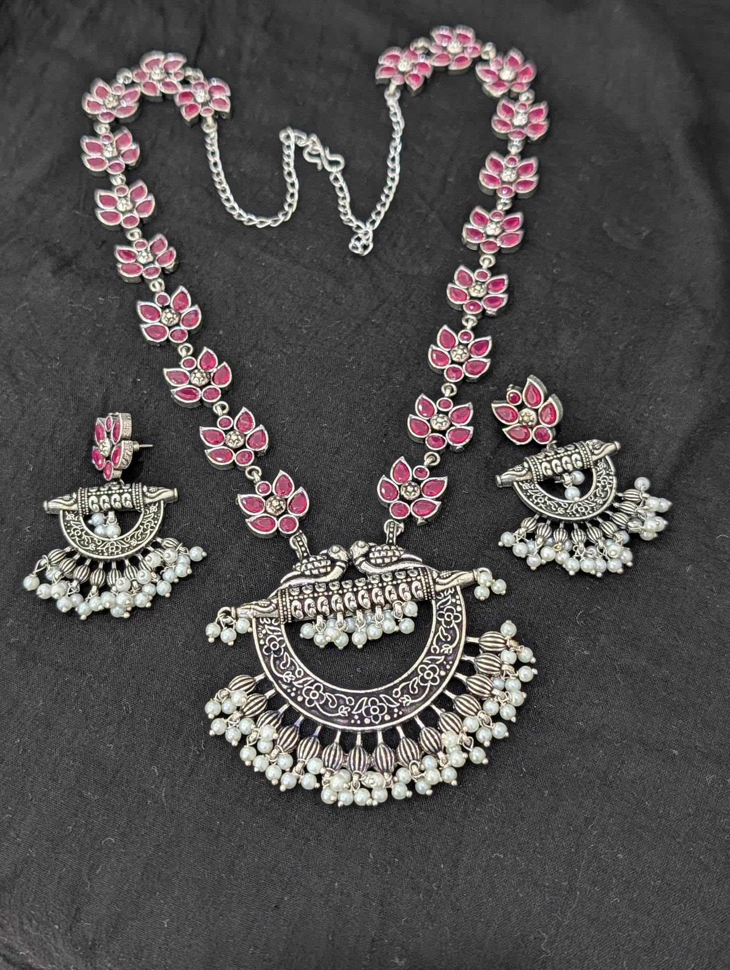 Oxidized Silver Chandbali design Haram and earrings set - Simpliful