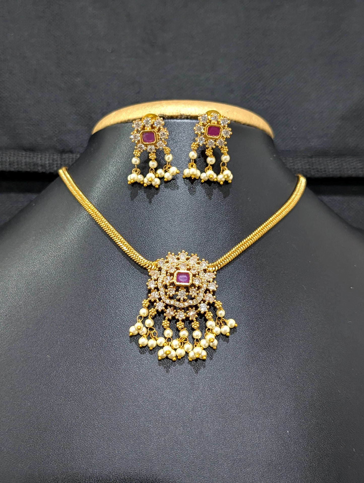 Adigai style CZ Choker Necklace set - Simpliful