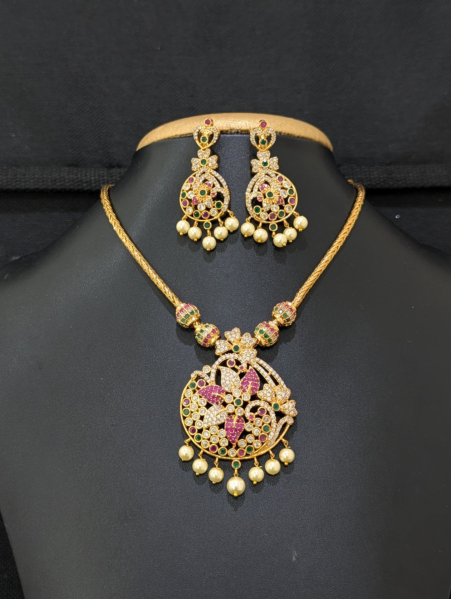 Gold plated Flowery CZ Pendant Necklace set - Simpliful