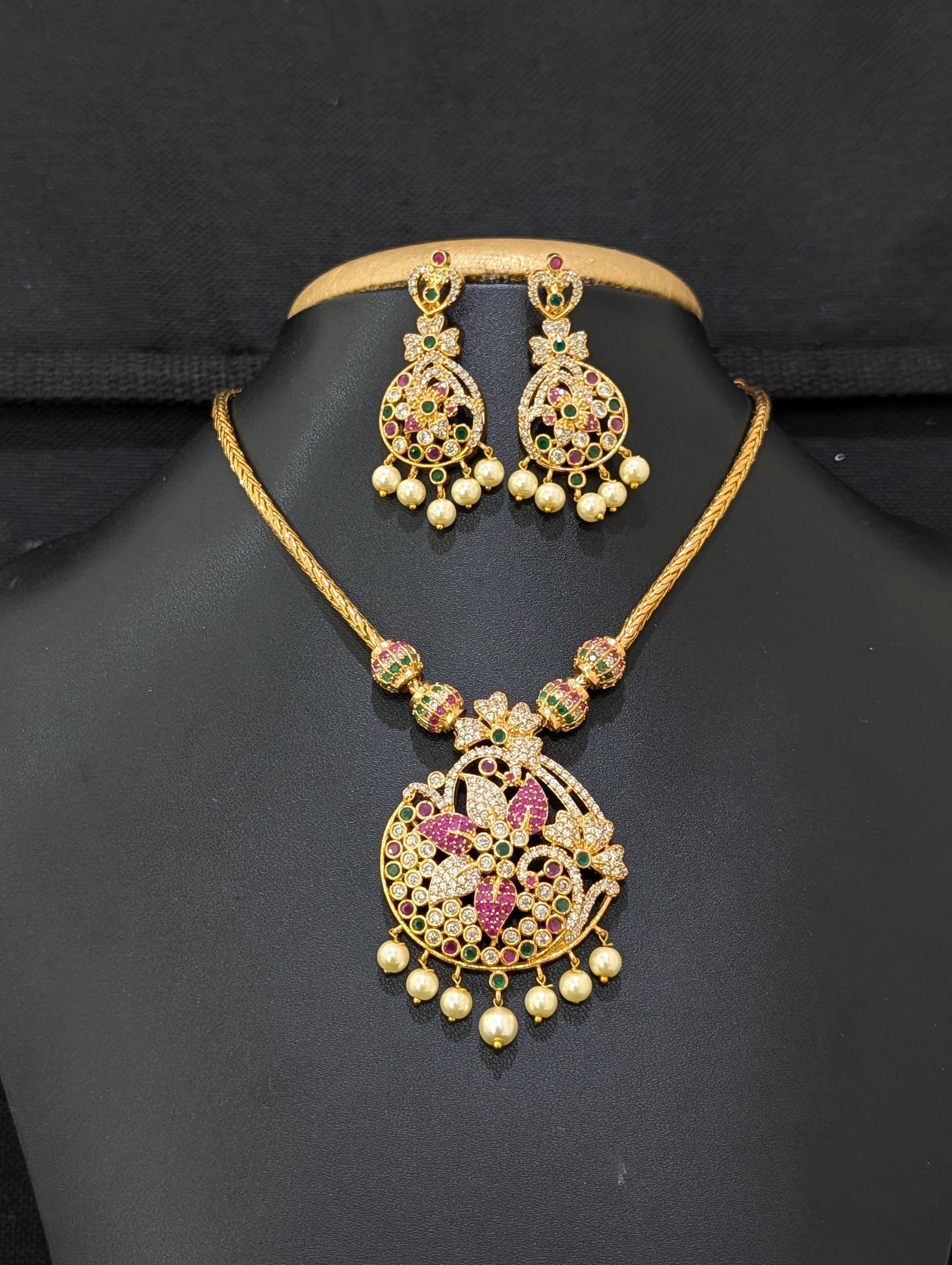 Gold plated Flowery CZ Pendant Necklace set - Simpliful