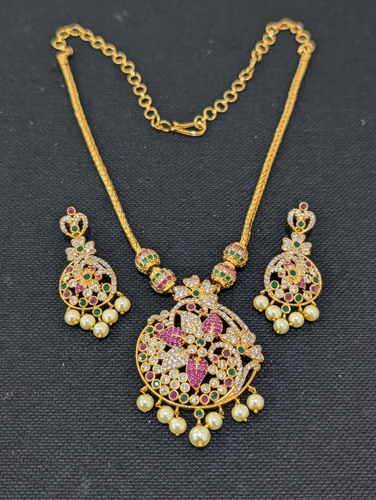 Gold plated Flowery CZ Pendant Necklace set