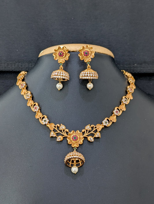 Antique Flower design CZ Choker Jhumka set
