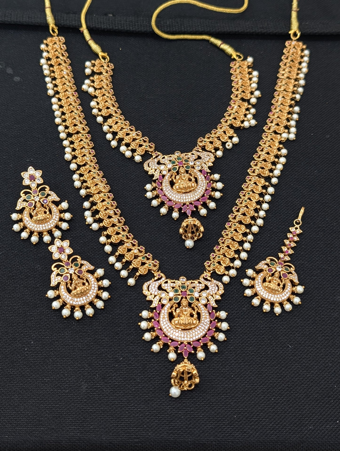 Antique Gold plated Lakshmi ji design Bridal combo set - Simpliful