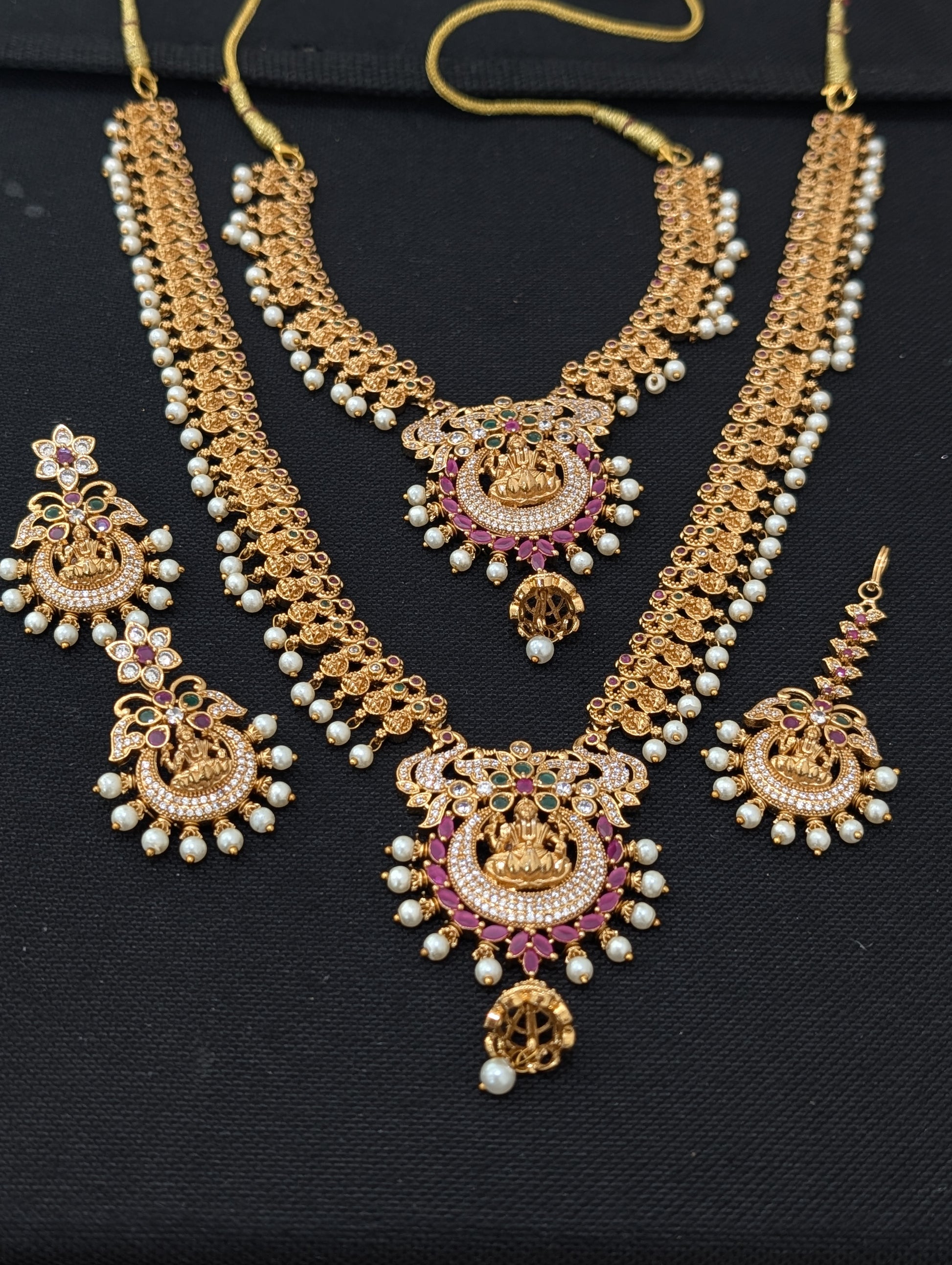 Antique Gold plated Lakshmi ji design Bridal combo set - Simpliful