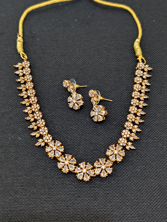 Antique gold plated Flower CZ Choker Necklace set