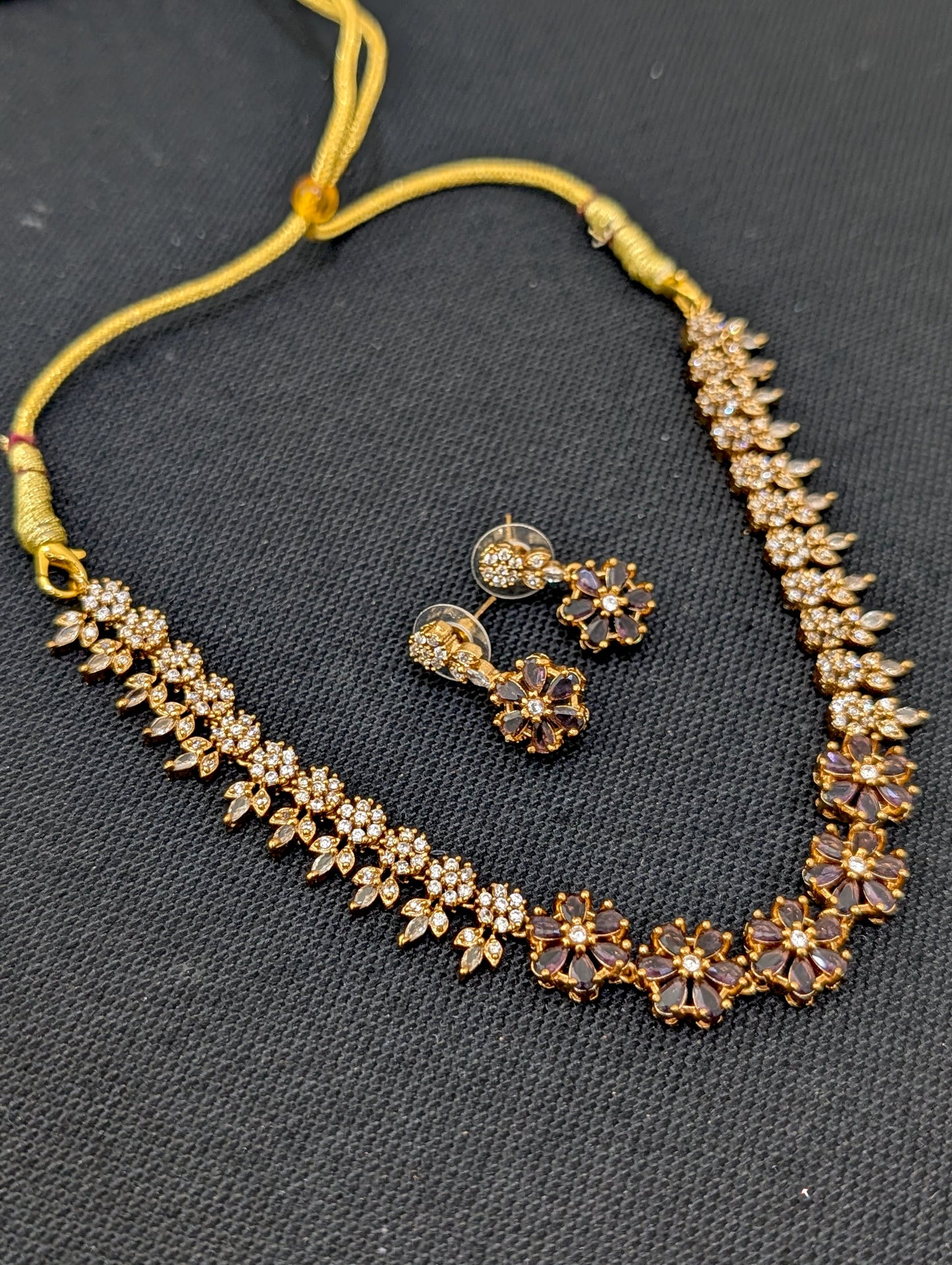 Antique gold plated Flower CZ Choker Necklace set - Simpliful