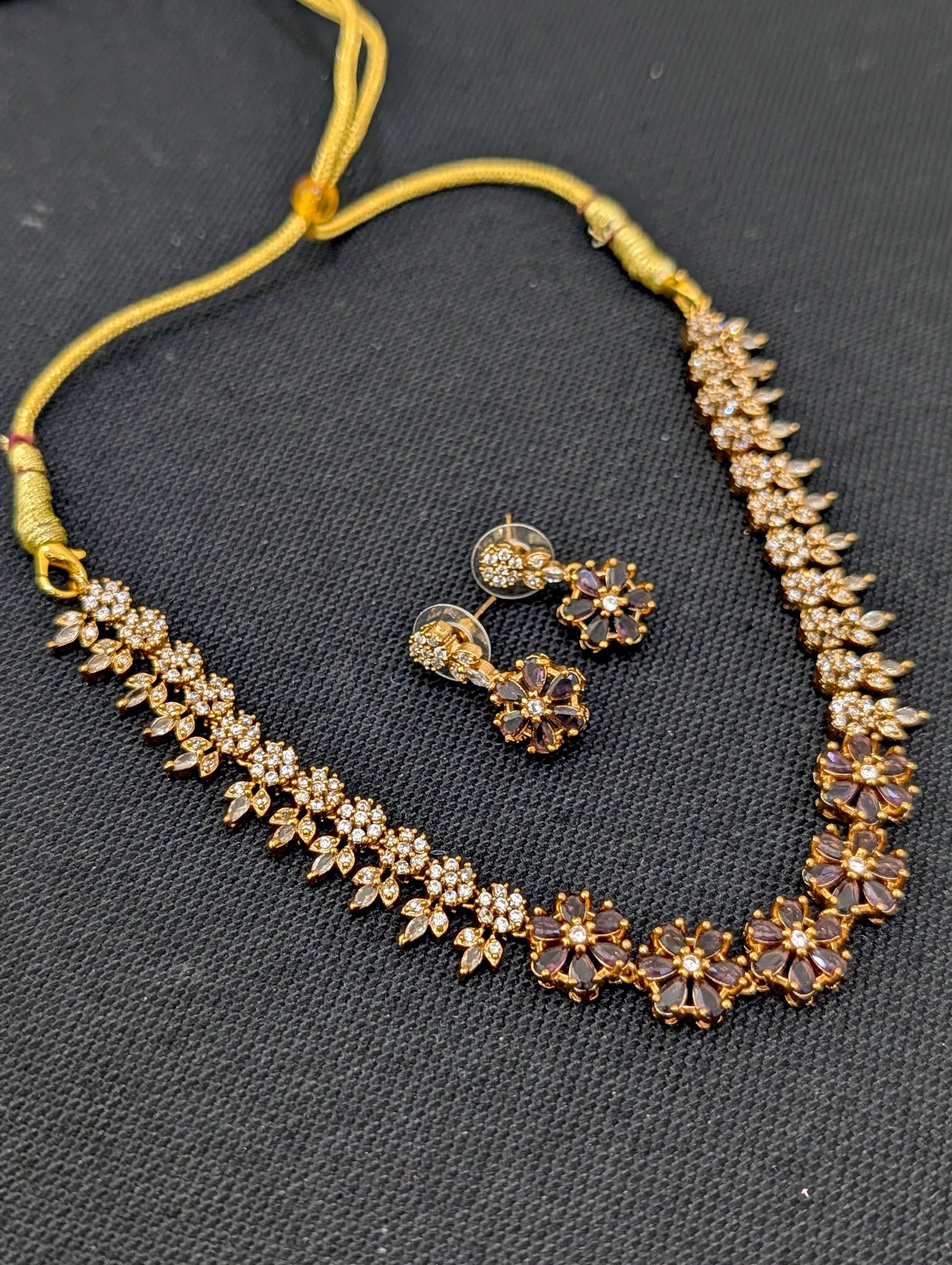 Antique gold plated Flower CZ Choker Necklace set - Simpliful