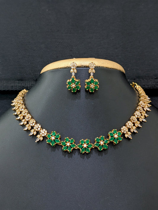 Antique gold plated Flower CZ Choker Necklace set