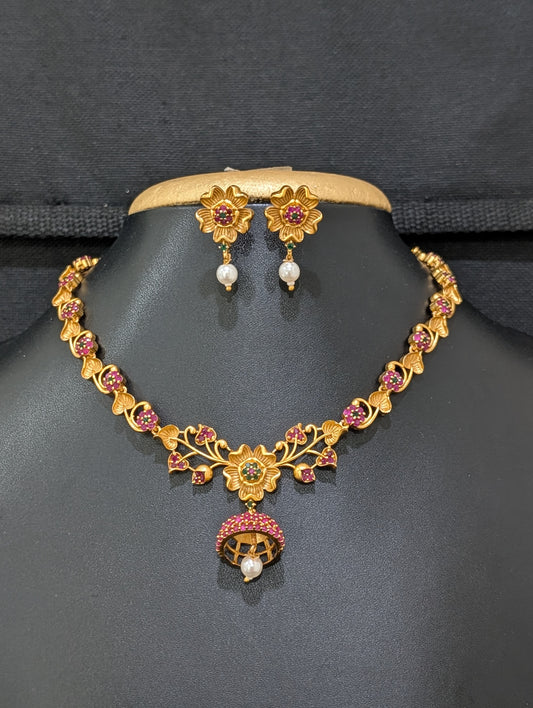 Antique Flower design CZ Choker Stud set - Simpliful