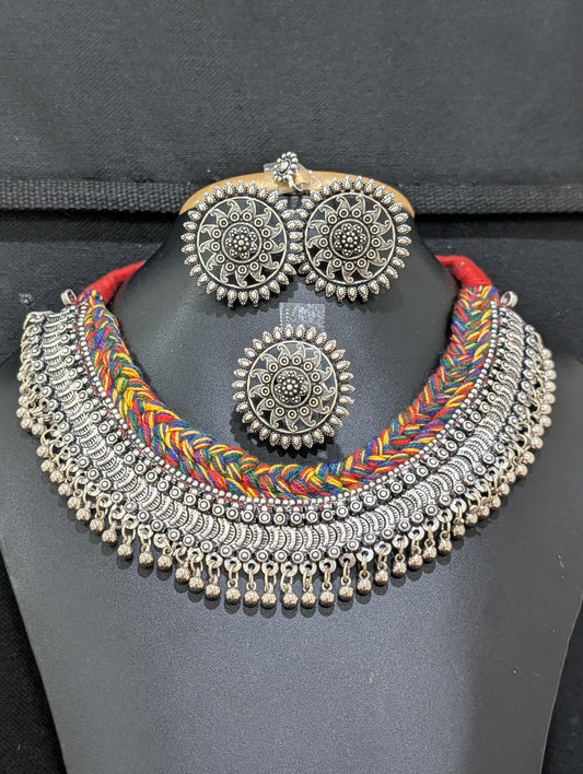 Oxidized Silver Statement Choker Combo set - Simpliful
