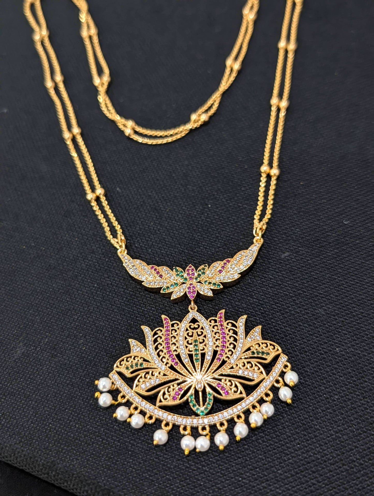 Micro Gold plated dual stranded Lotus Long Necklace - Simpliful