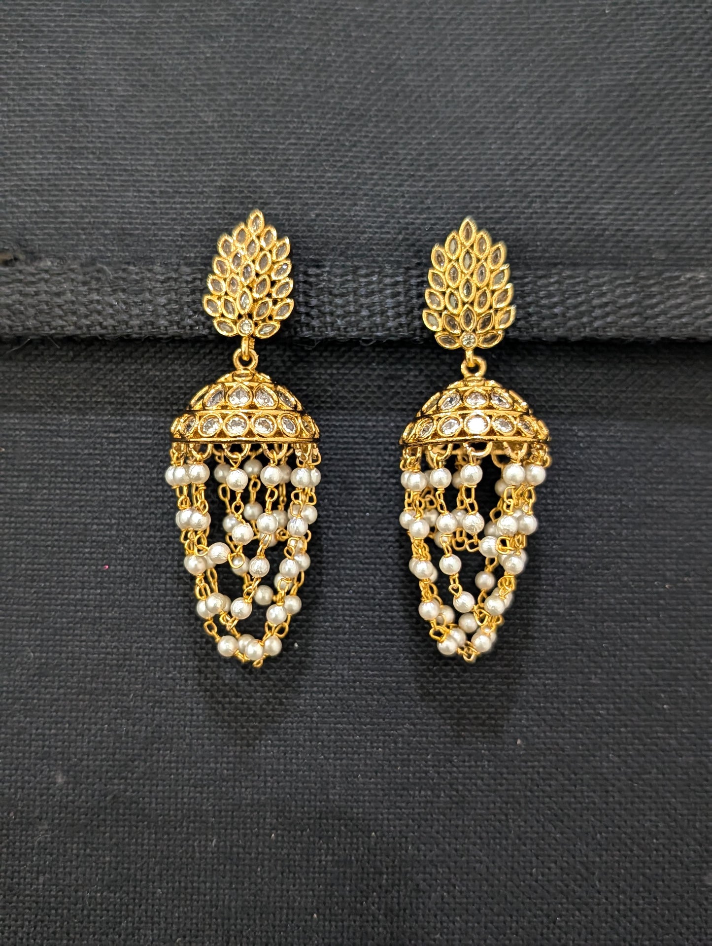 Gold plated CZ peal link chain Jhumka Earrings