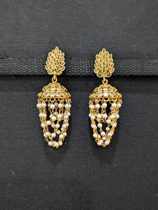 Gold plated CZ peal link chain Jhumka Earrings